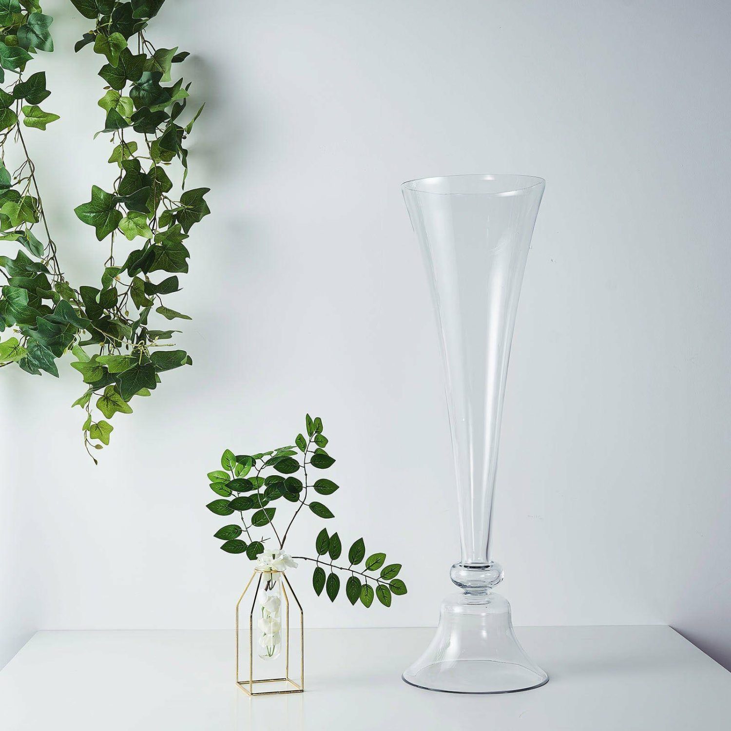 Floor Vase & Candelabra | Set of 2 Clear Reversible Clarinet Glass Trumpet Vases 32″ Tall Display Props Floor Vase & Candelabra