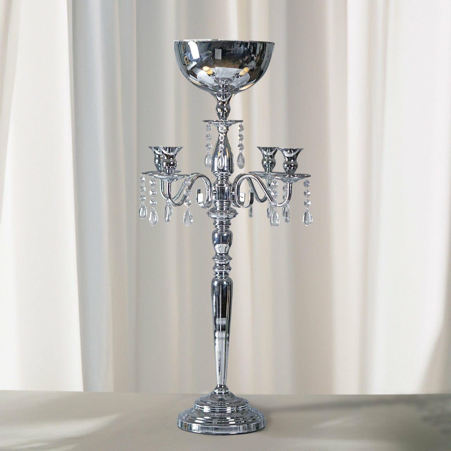 Floor Vase & Candelabra | Silver Metal 4 Arm Candelabra Votive Candle Holder, Flower Vase Bowl 33″ Display Props Floor Vase & Candelabra