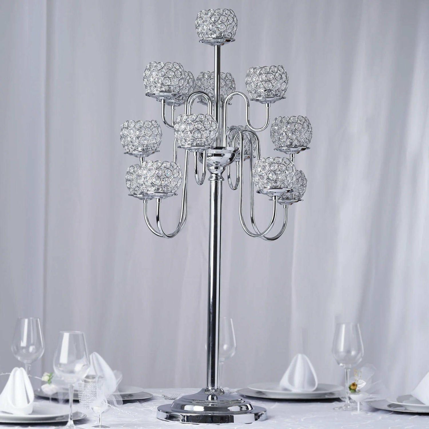 Floor Vase & Candelabra | Silver Metal Crystal Beaded Candelabra Candle Holders, Goblet Votive Candle Holders 40″ Tall 13 Arm Display Props Floor Vase & Candelabra