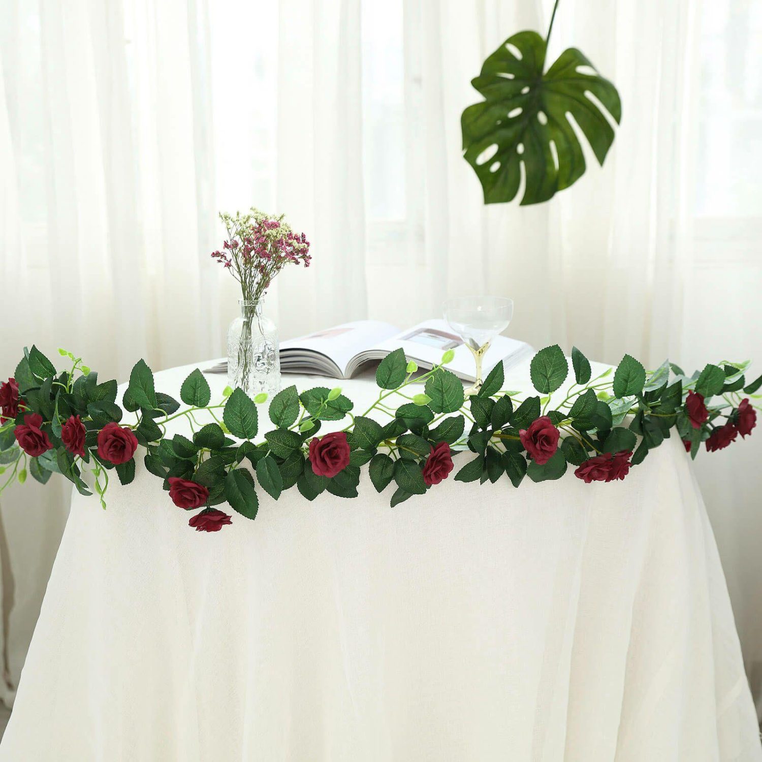 Floral Garlands | 20 Burgundy Artificial Silk Roses Flower Garland, Hanging Vine 6ft Floral Garlands Burgundy