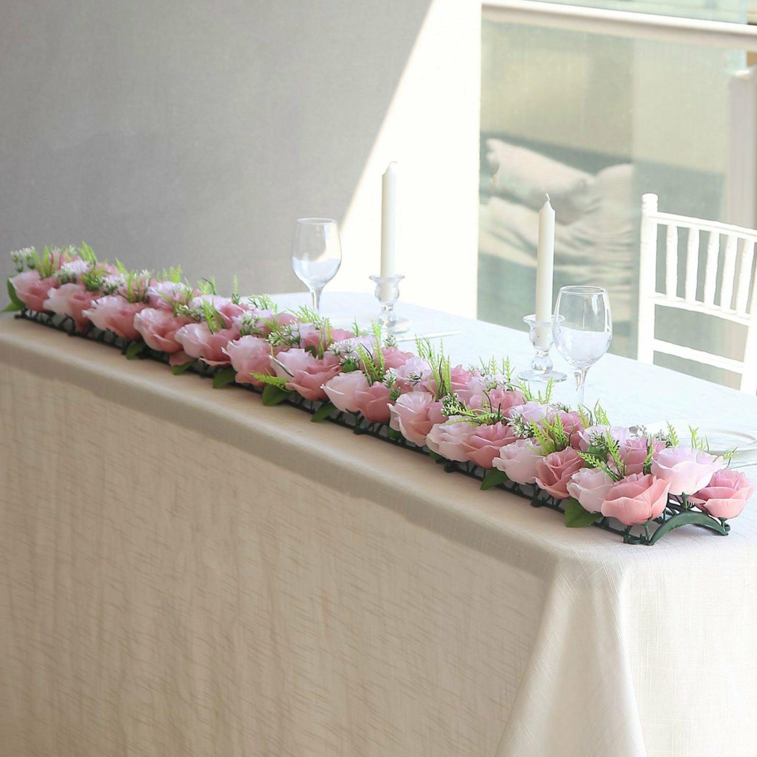 Floral Garlands | 6 Pack Blush Dusty Rose Silk Flower Panel Table Runner, Artificial Floral Arrangements Dining Table Decor – 20″x8″ Display Props Blush