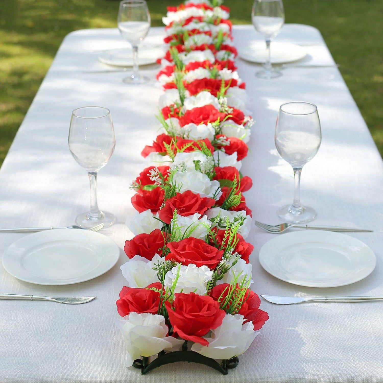 Floral Garlands | 6 Pack Red Ivory Silk Rose Flower Panel Table Runner, Artificial Floral Arrangements Dining Table Decor – 20″x8″ Floral Garlands Floral Garlands