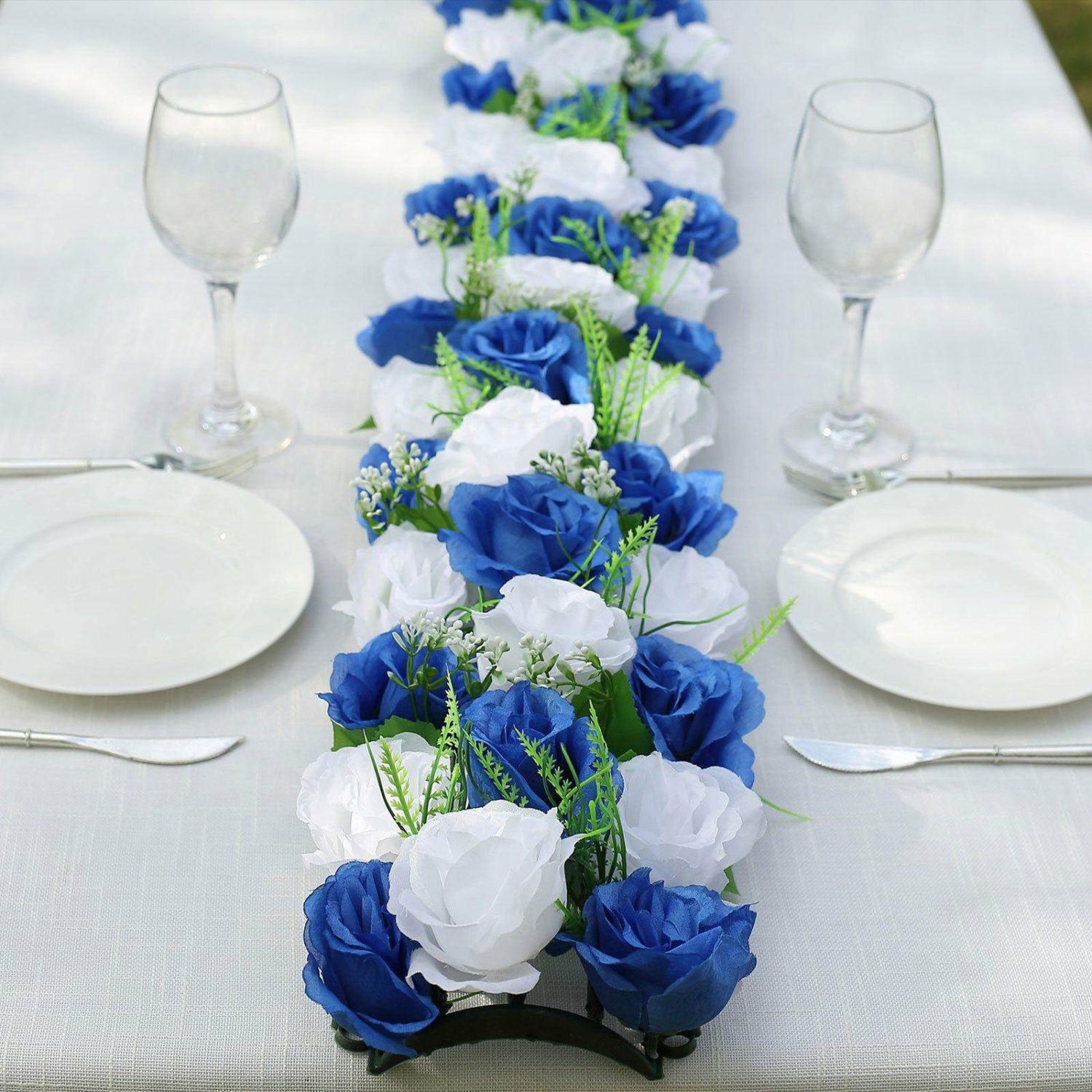 Floral Garlands | 6 Pack White Royal Blue Silk Rose Flower Panel Table Runner, Artificial Floral Arrangements Dining Table Decor – 20″x8″ Floral Garlands Floral Garlands