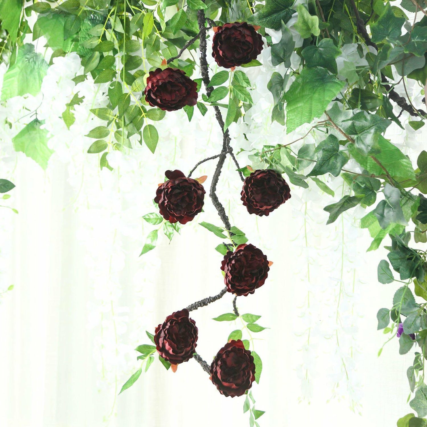 Floral Garlands | Burgundy Artificial Silk Peony Hanging Flower Garland, Faux Vine 6ft Floral Garlands Burgundy