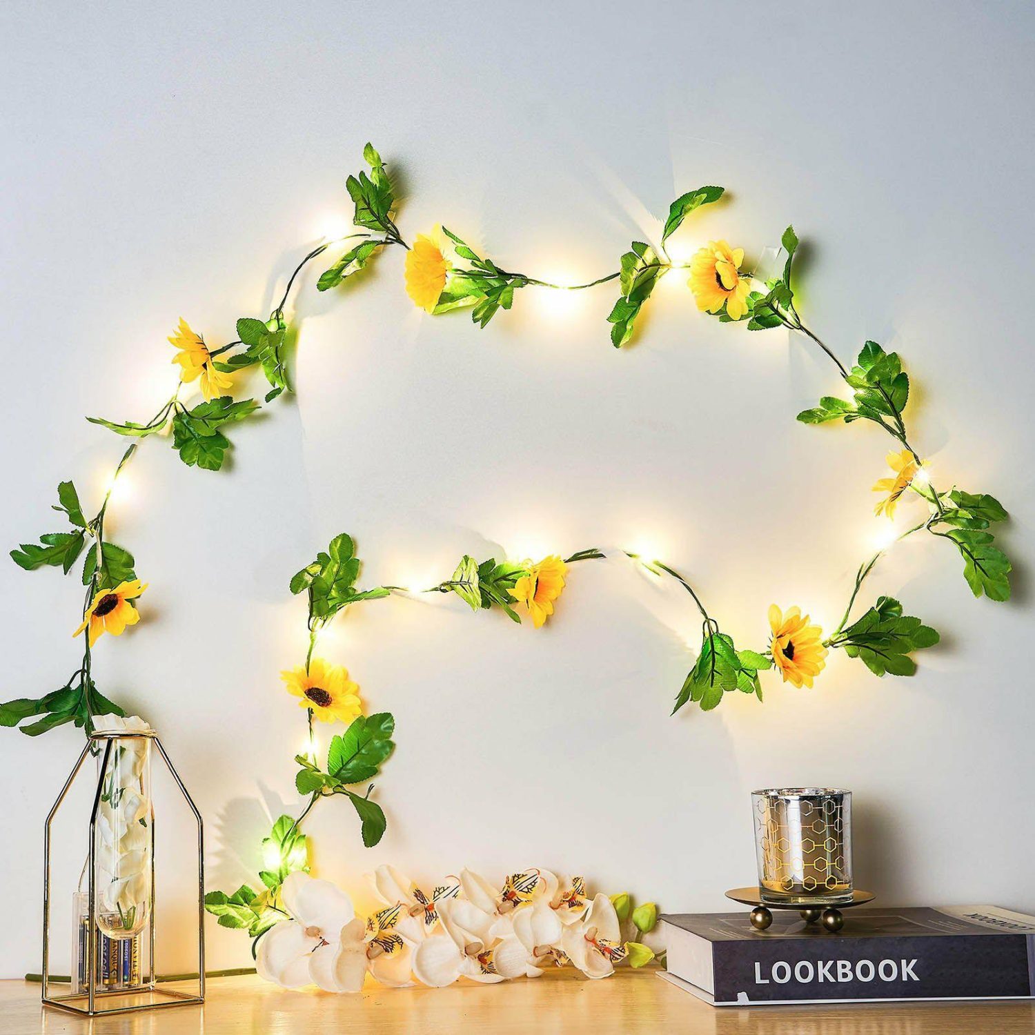 Floral Garlands | Warm White 20 LED Artificial Sunflower Garland Vine Lights, Battery Operated String Lights 8ft Floral Garlands Floral Garlands