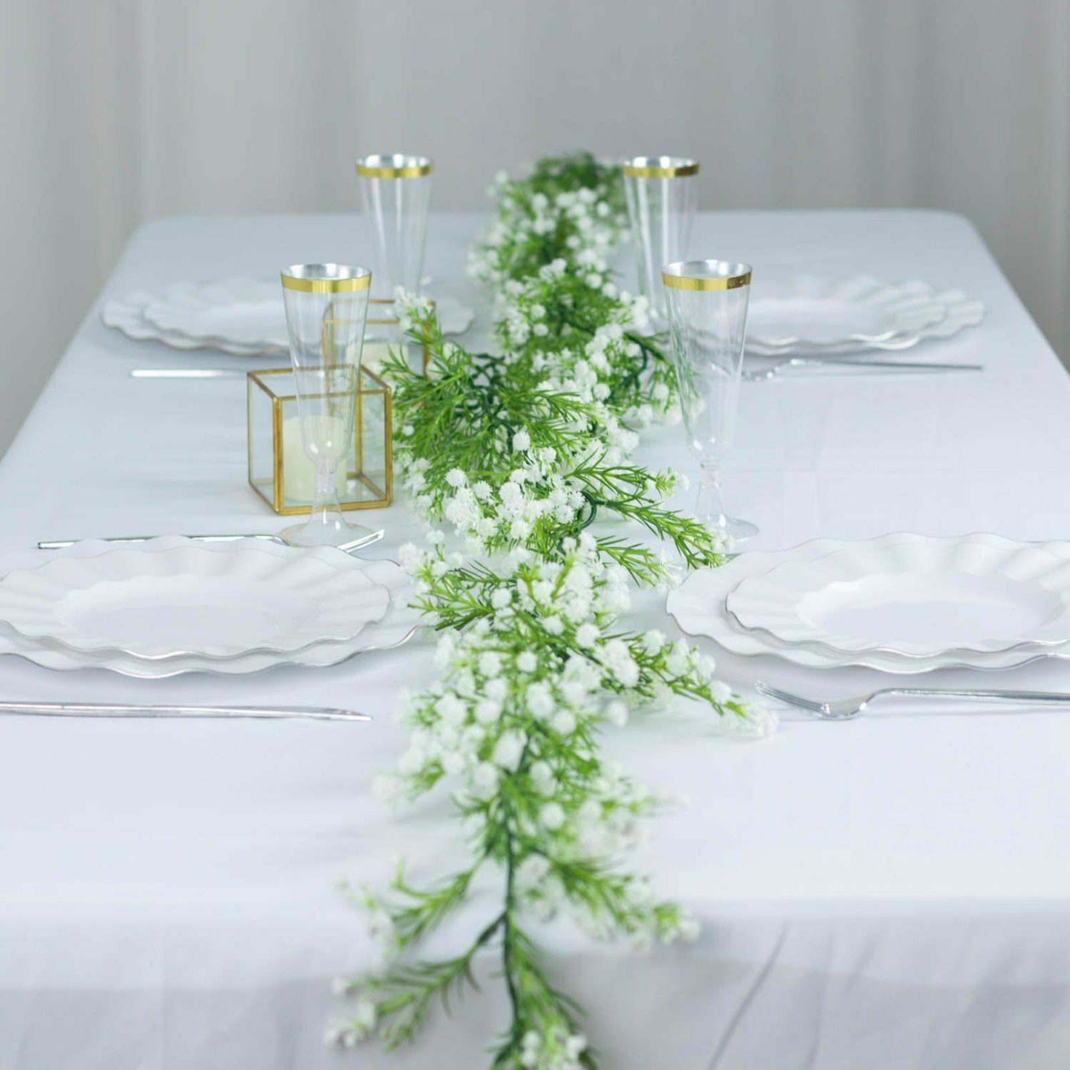 Floral Garlands | White Artificial Silk Gypsophila Table Flower Garland, Faux Baby Breath Hanging Flower Vines 6ft Floral Garlands Babys Breath Gypsophila