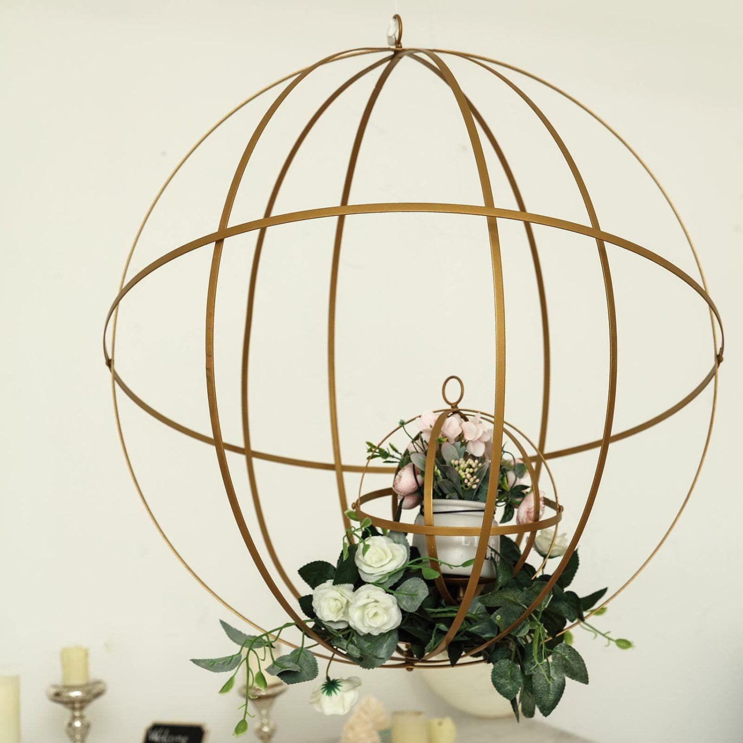 Florals & Wreaths | Gold Wrought Iron Open Frame Centerpiece Ball, Candle Holder Floral Display Hanging Sphere 18″ Florals & Wreaths Florals & Wreaths