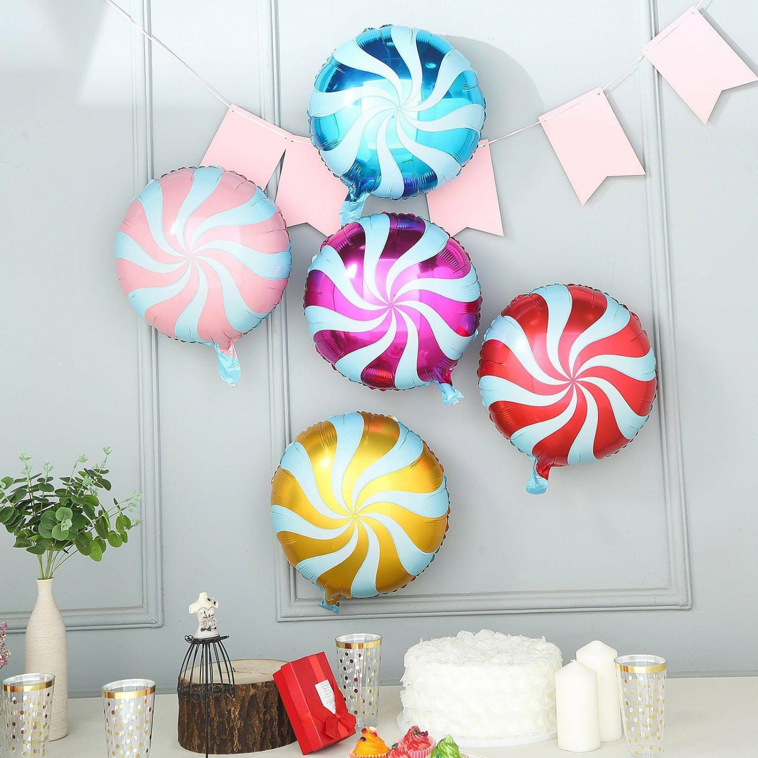 Foil Mylar & Vinyl Balloons | 5 Pack Candy Striped Swirl Print Mylar Foil Helium/Air Balloons 13″ Balloons Candy Striped Swirl