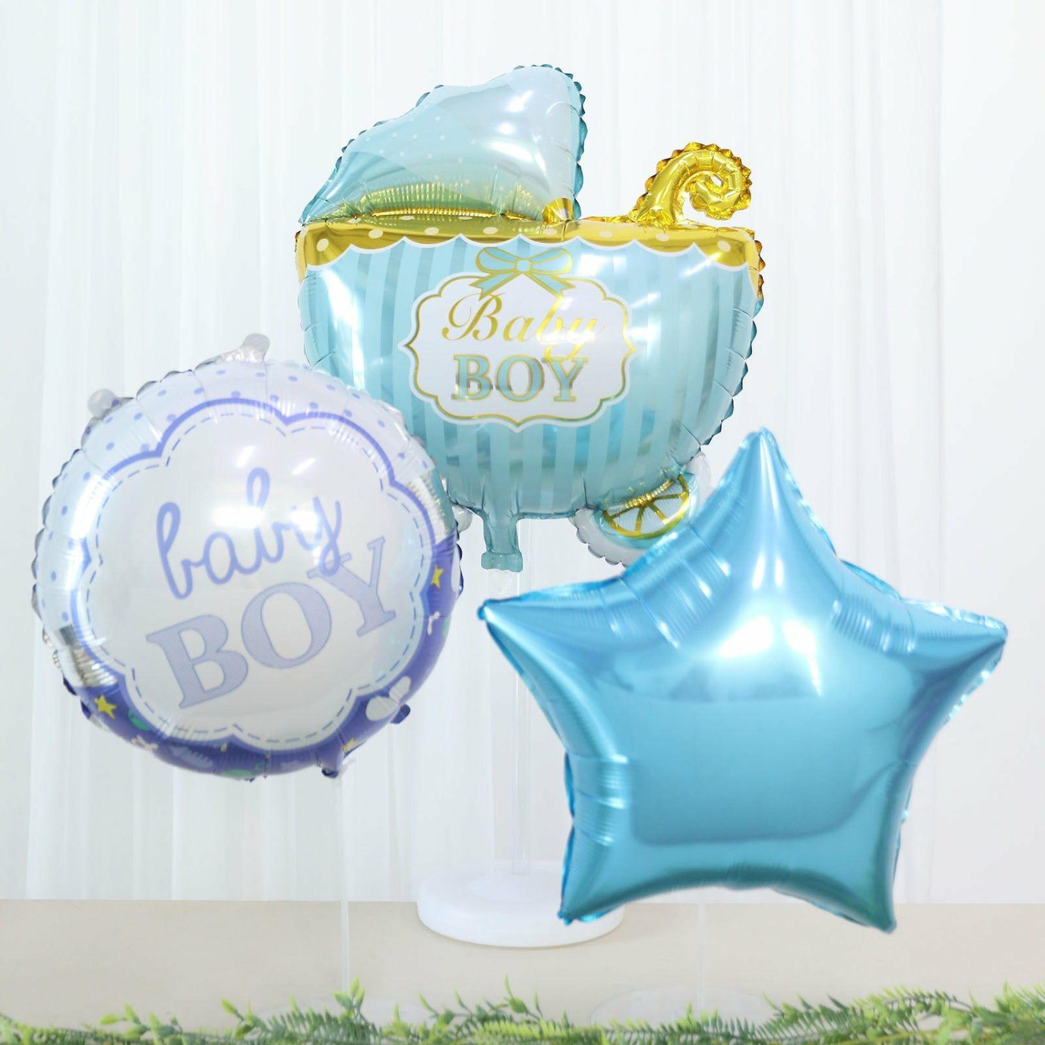 Foil Mylar & Vinyl Balloons | Set of 5 Blue/White Boy Baby Shower Mylar Foil Balloon Set, Star, Round and Baby Carriage Balloon Bouquet With Ribbon, Gender Reveal Party Decorations Balloons Baby Boy Carriage