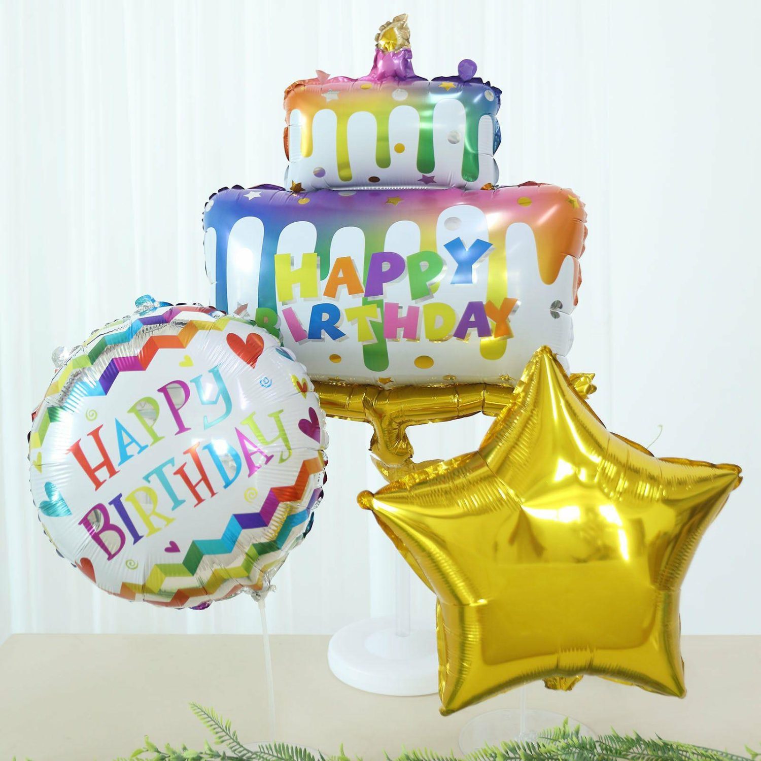 Foil Mylar & Vinyl Balloons | Set of 5 Colorful Happy Birthday Cake Mylar Foil Balloon Set, Round and Gold Star Balloon Bouquet With Ribbon, Birthday Party Decorations Balloons Foil Mylar & Vinyl Balloons