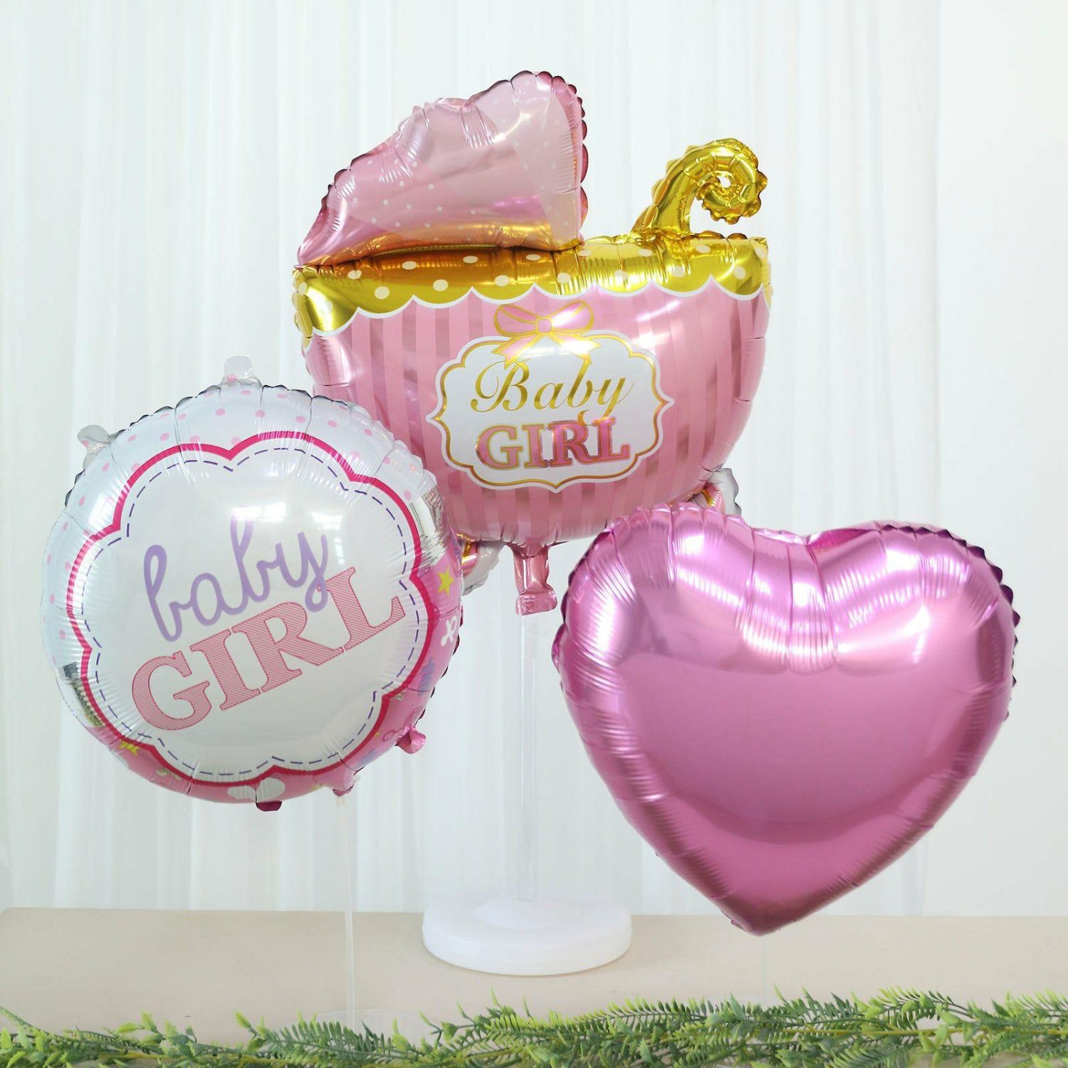 Foil Mylar & Vinyl Balloons | Set of 5 Pink/White Girl Baby Shower Mylar Foil Balloon Set, Heart, Round and Baby Carriage Balloon Bouquet With Ribbon, Gender Reveal Party Decorations Balloons Baby Girl Carriage