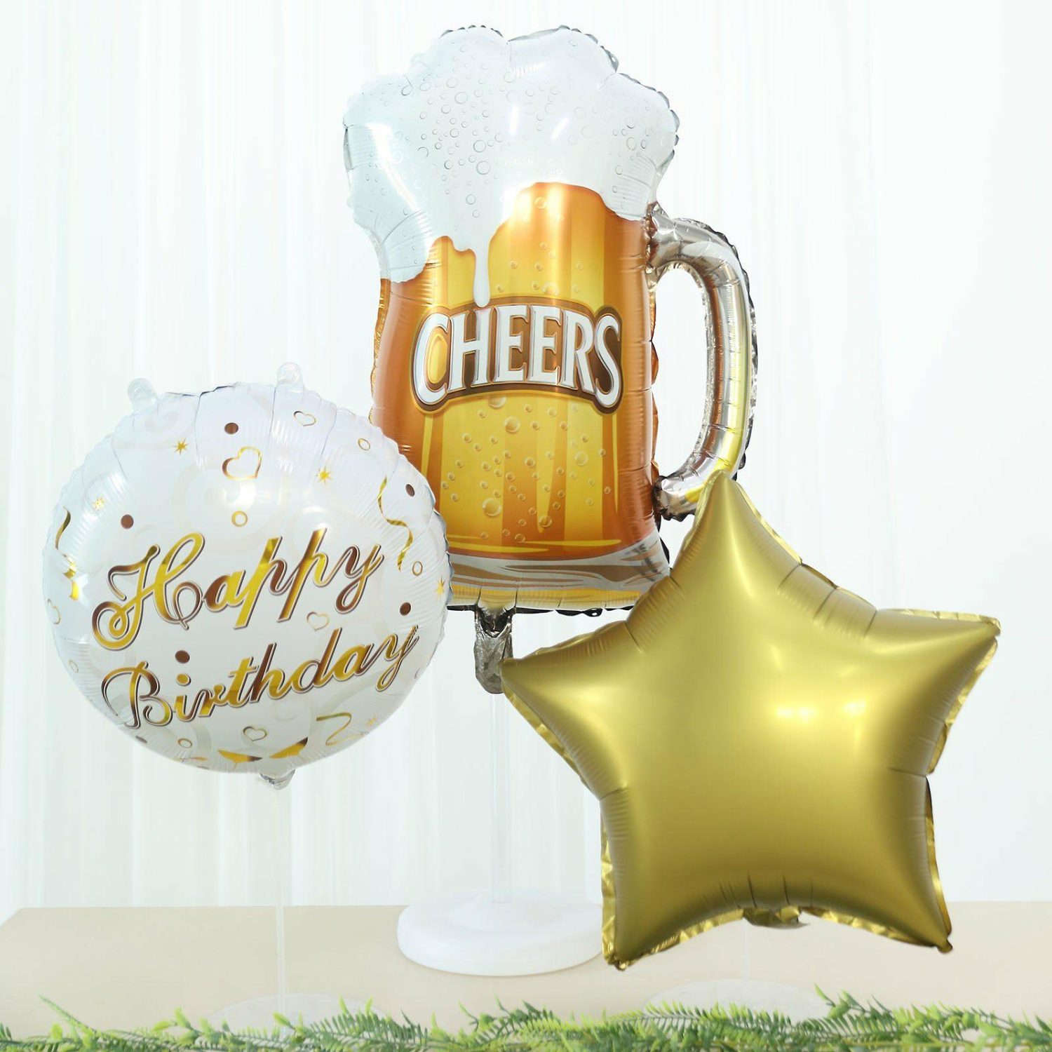 Foil Mylar & Vinyl Balloons | Set of 5 White/Gold Round Happy Birthday Mylar Foil Helium Balloon Set, Cheers Beer Mug, Star Balloon Bouquet With Ribbon Birthday Party Decorations Balloons Cheers Beer Mug