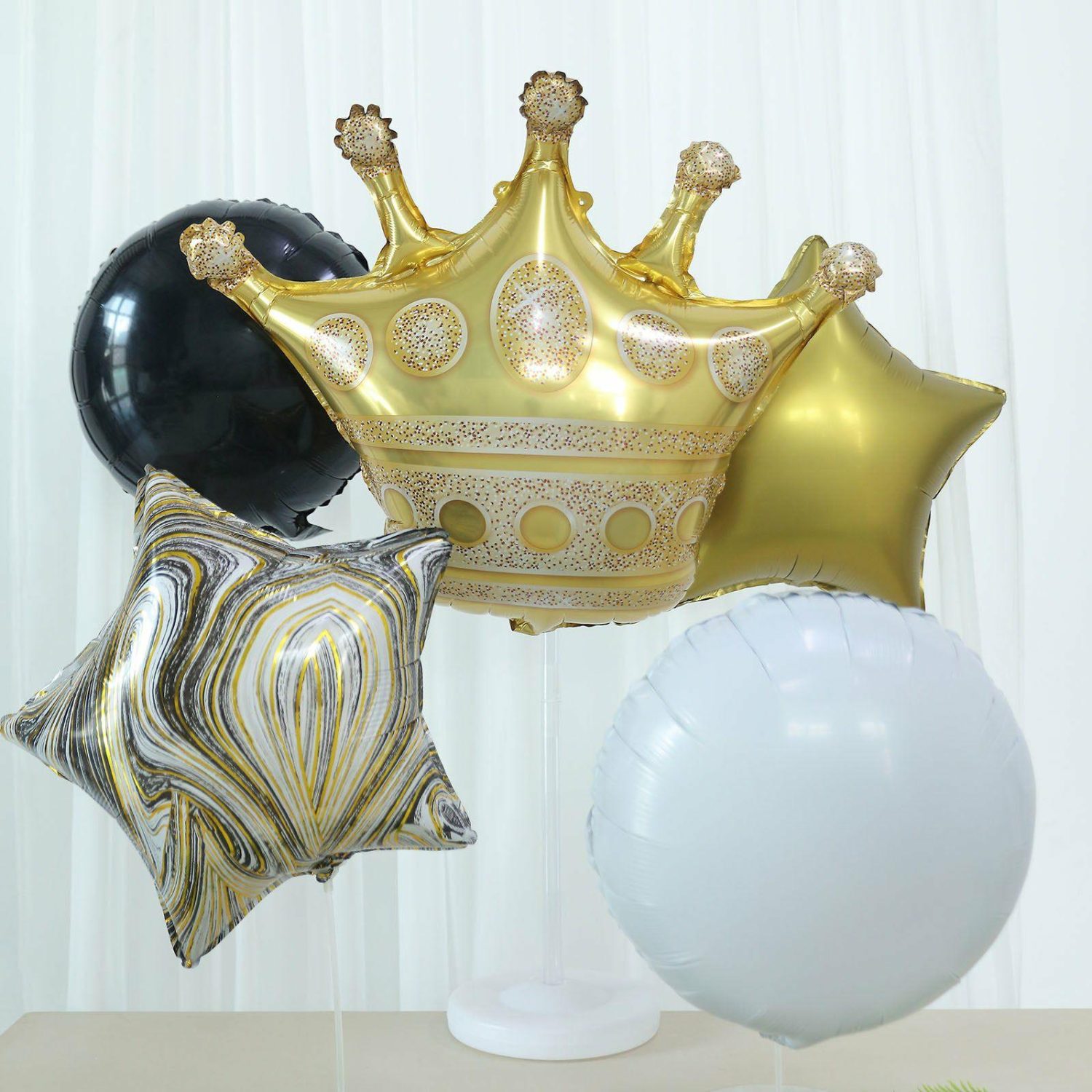 Foil Mylar & Vinyl Balloons | Set of 6 Gold/Black Marble Mylar Foil Party Balloon Set, Star, Round and Crown Balloon Bouquet With Ribbon, Party Decorations Balloons Crown