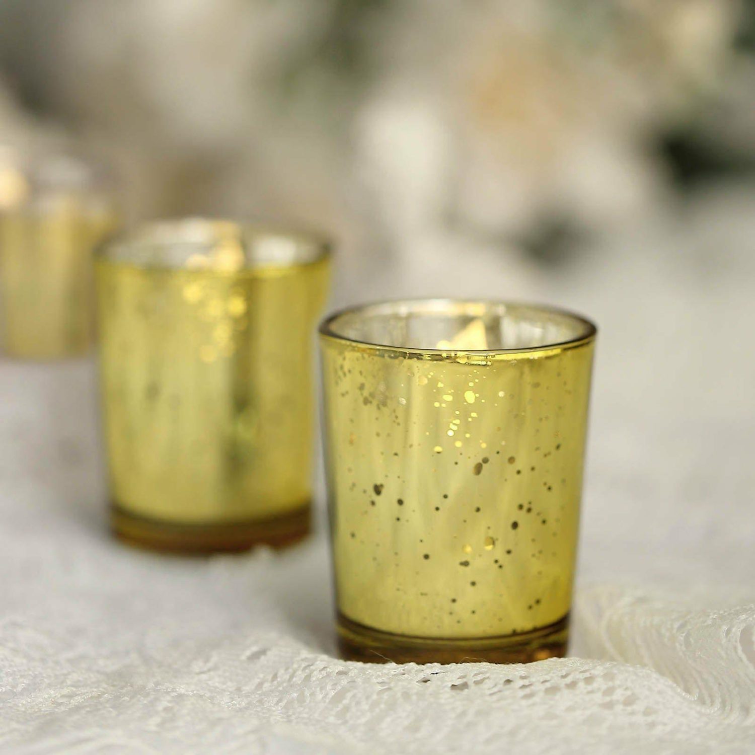 Glass Candle Holders | 12 Pack Gold Mercury Glass Candle Holders, Votive Tealight Holders – Speckled Design 2″ Candelabra Glass Candle Holders