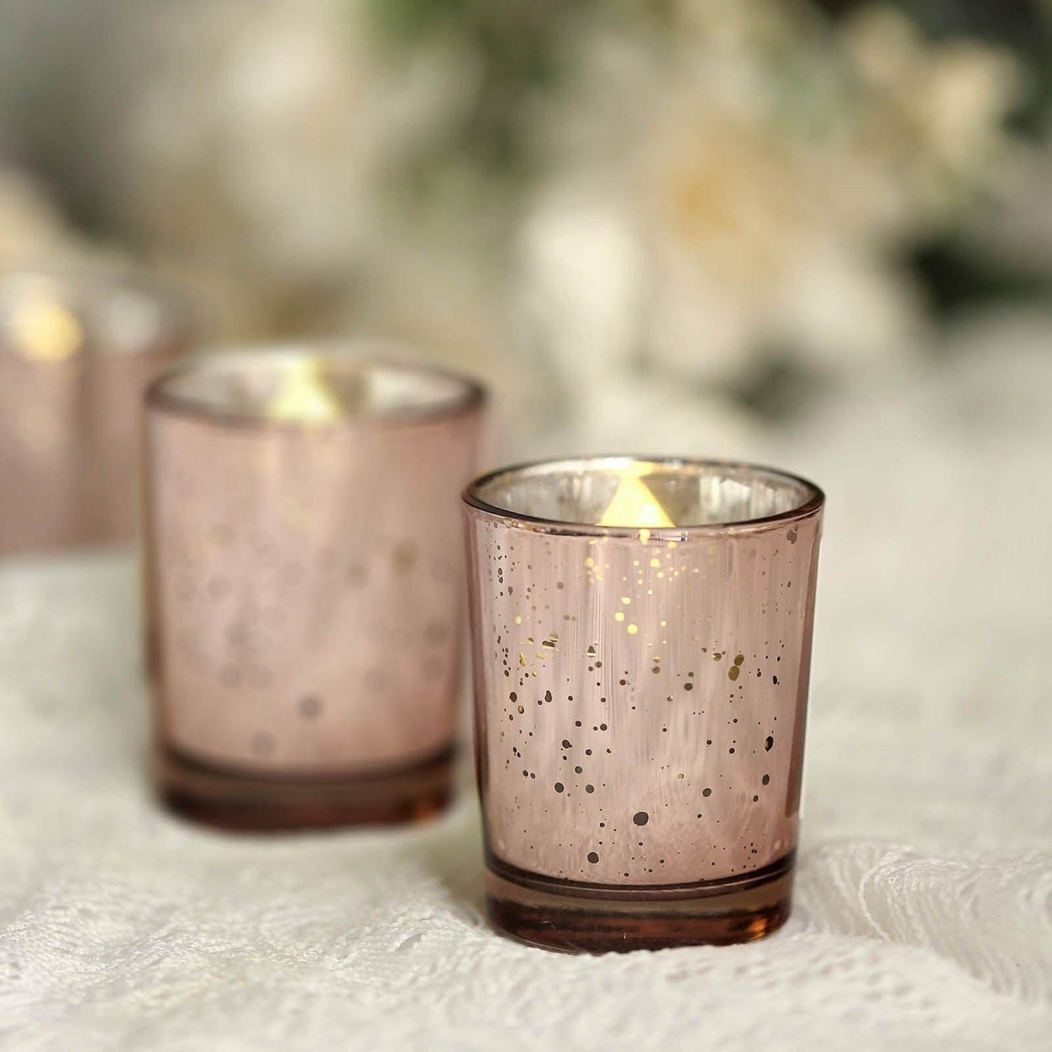 Glass Candle Holders | 12 Pack Rose Gold Mercury Glass Candle Holders, Votive Tealight Holders – Speckled Design 2″ Candelabra Glass Candle Holders