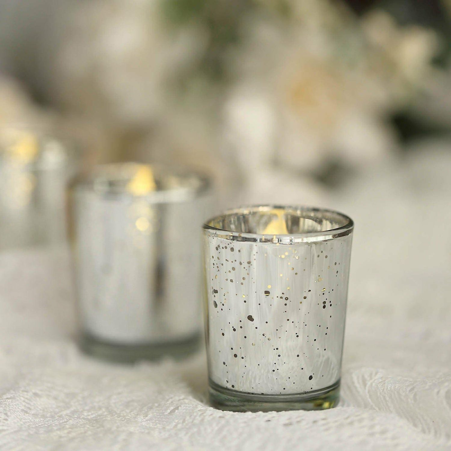 Glass Candle Holders | 12 Pack Silver Mercury Glass Candle Holders, Votive Tealight Holders – Speckled Design 2″ Candelabra Glass Candle Holders