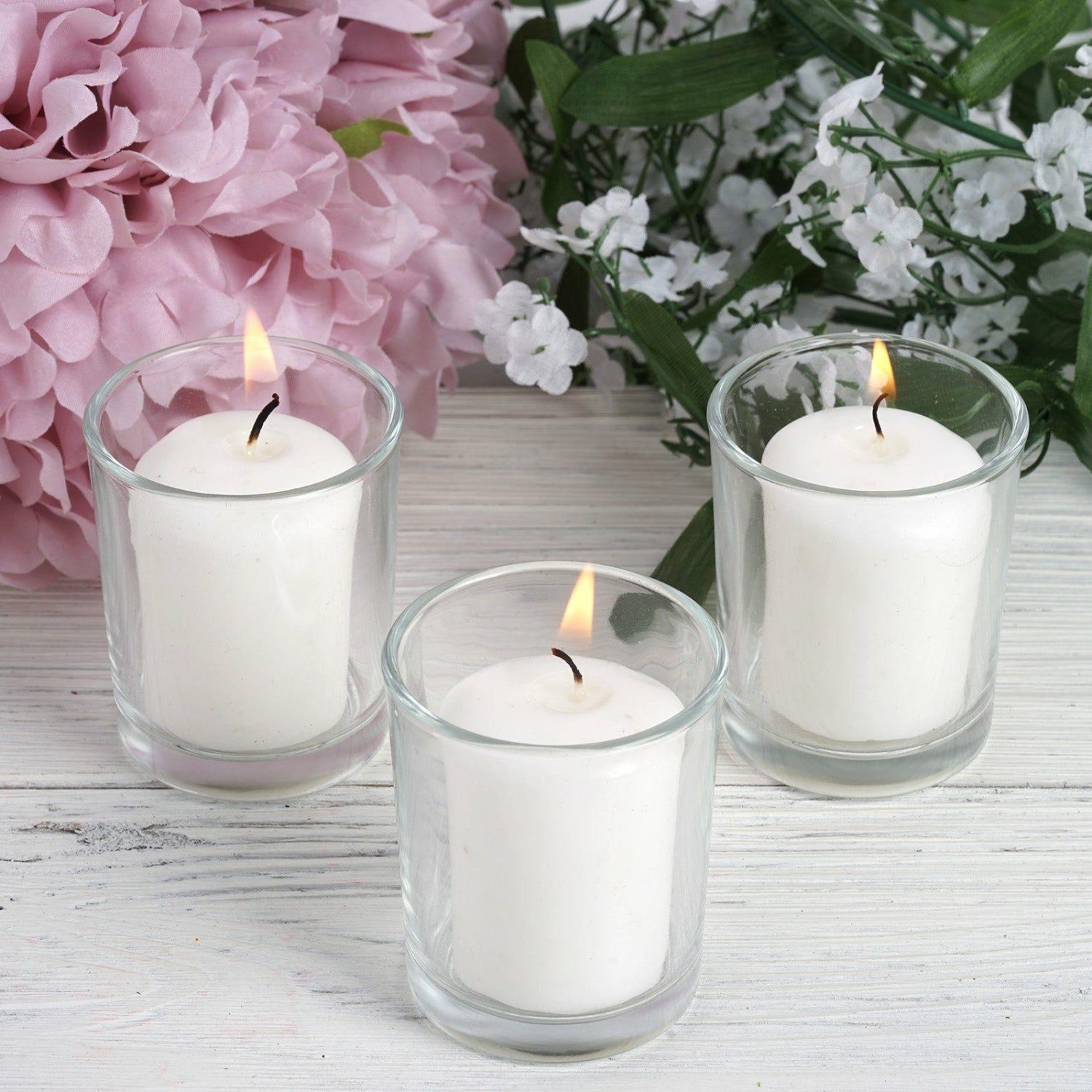 Glass Candle Holders | 12 Pack White Votive Candle and Clear Glass Votive Holder Candle Set Candelabra Glass Candle Holders