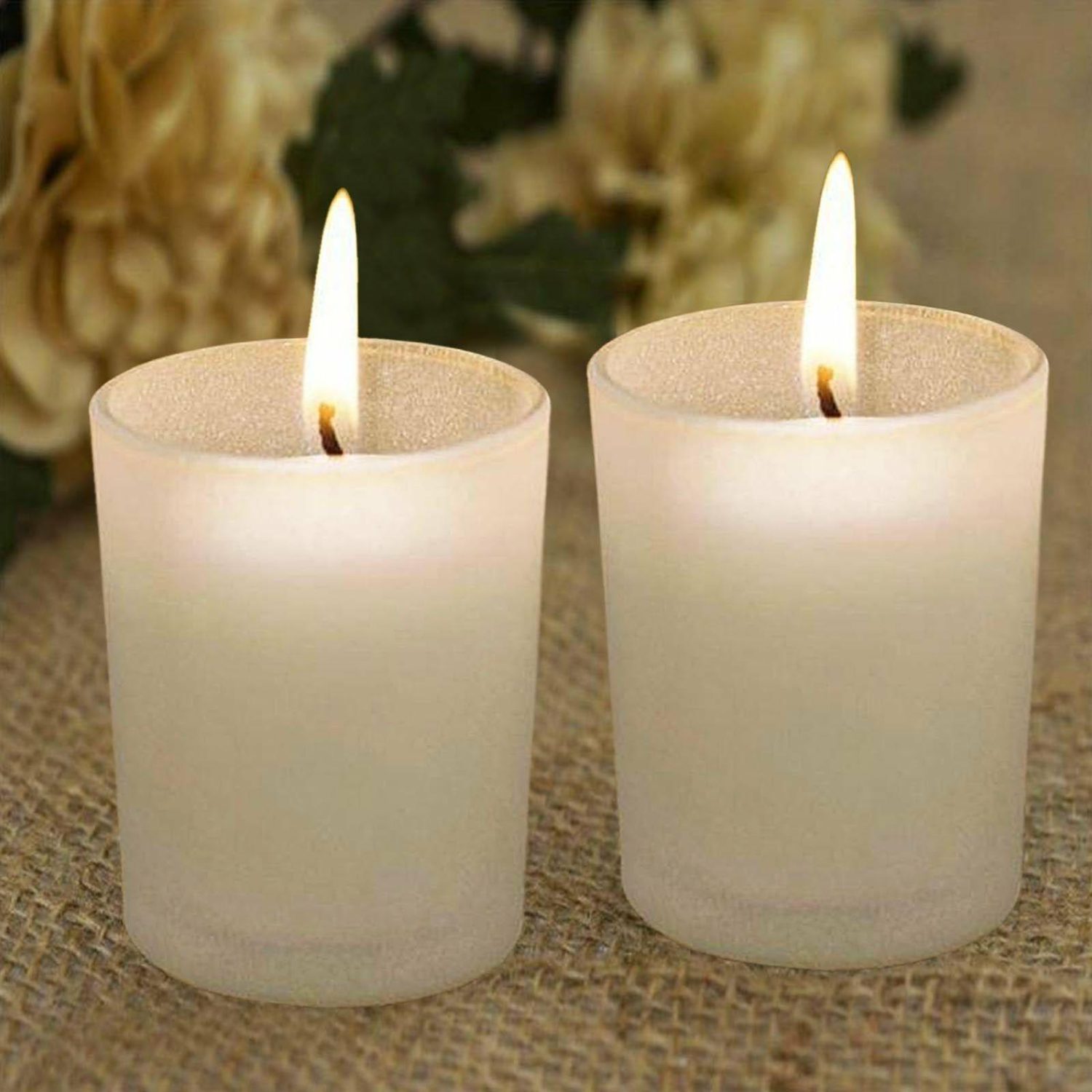 Glass Candle Holders | 12 Pack White Votive Candle & Frosted Glass Votive Holder Set 2″ Candelabra Glass Candle Holders