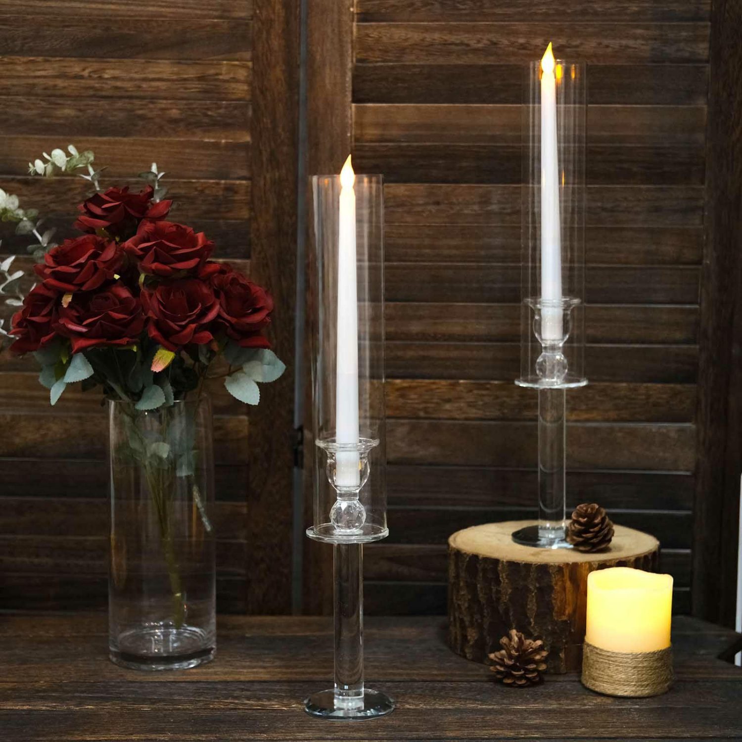 Glass Candle Holders | 2 Pack Clear Crystal Glass Hurricane Taper Candle Holders With Cylinder Chimney Tubes 18″ Tall Candelabra Glass Candle Holders