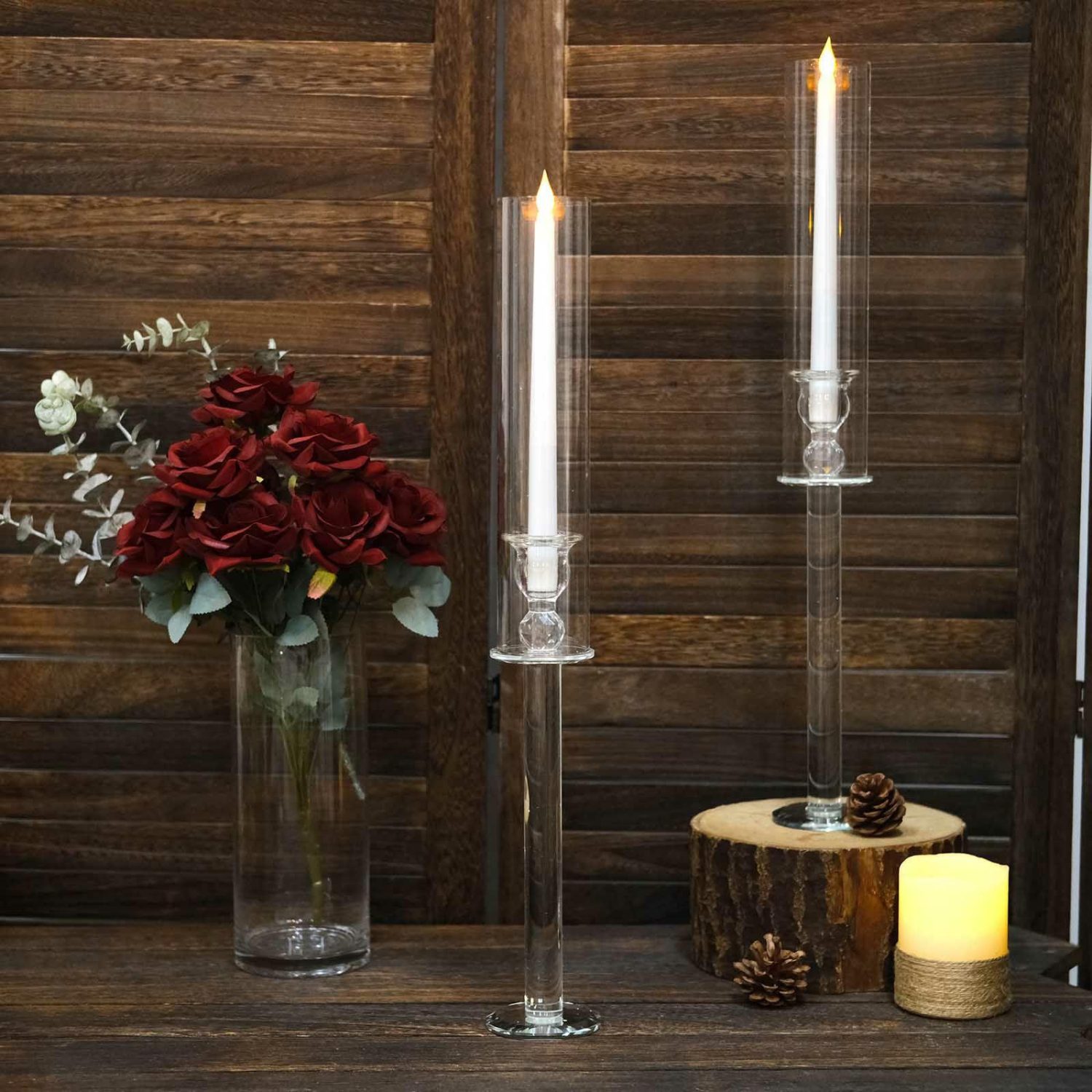 Glass Candle Holders | 2 Pack Clear Crystal Glass Hurricane Taper Candle Holders With Cylinder Chimney Tubes 22″ Tall Candelabra Glass Candle Holders