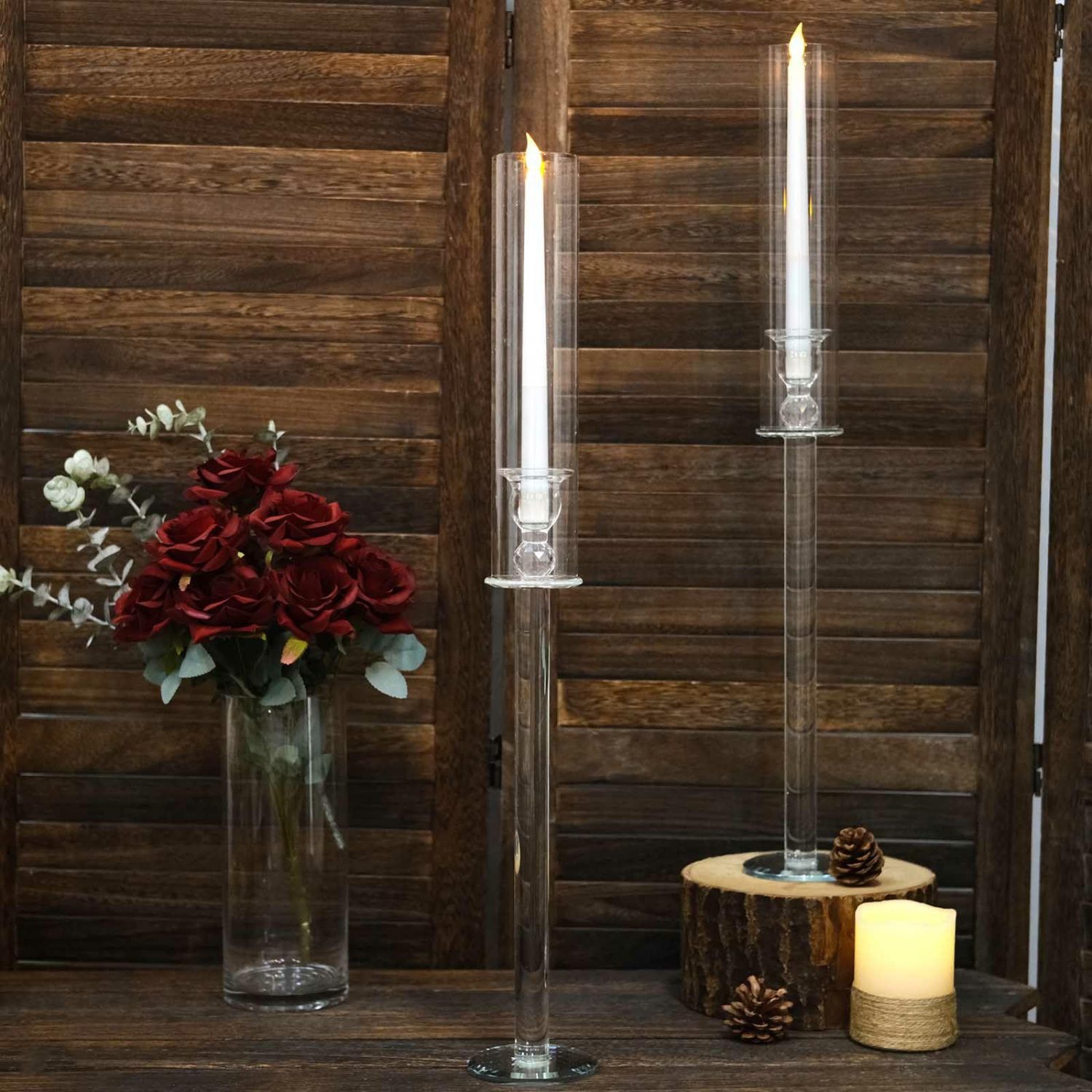 Glass Candle Holders | 2 Pack Clear Crystal Glass Hurricane Taper Candle Holders With Cylinder Chimney Tubes 26″ Tall Candelabra Glass Candle Holders