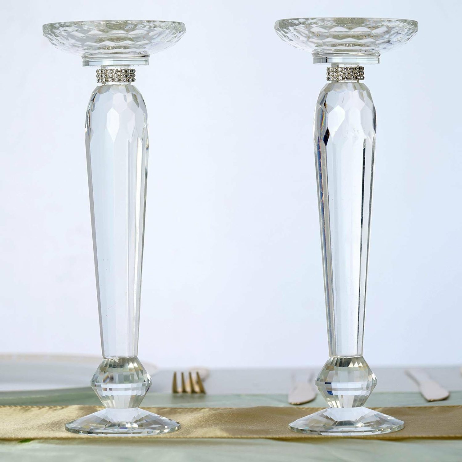 Glass Candle Holders | 2 Pack Premium Cut Crystal Glass Pillar Candle Holder Stands, Kissing Ball Flower Pedestals 11″ Candelabra Glass Candle Holders