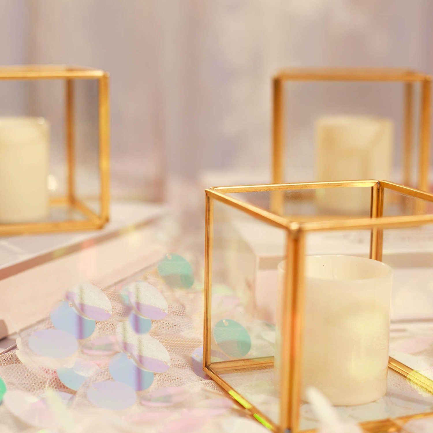 Glass Candle Holders | 3 Pack Clear Glass Square Tealight Votive Candle Holder Cubes – Stackable with Gold Metal Frame 3″ Candelabra Glass Candle Holders