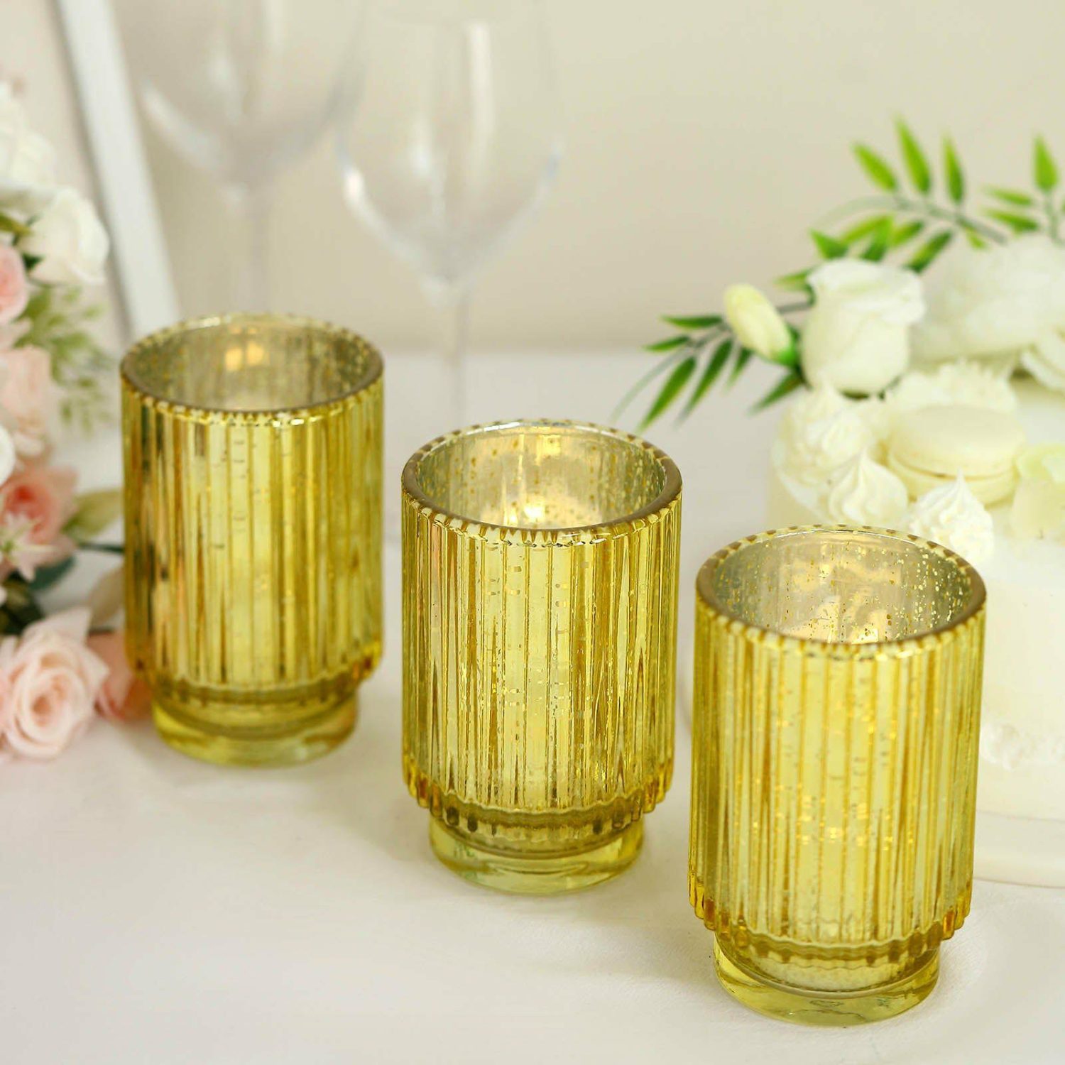 Glass Candle Holders | 3 Pack Gold Mercury Glass Votive Hurricane Candle Holder, Pillar Vase – Wavy Column Design 5″ Candelabra Glass Candle Holders