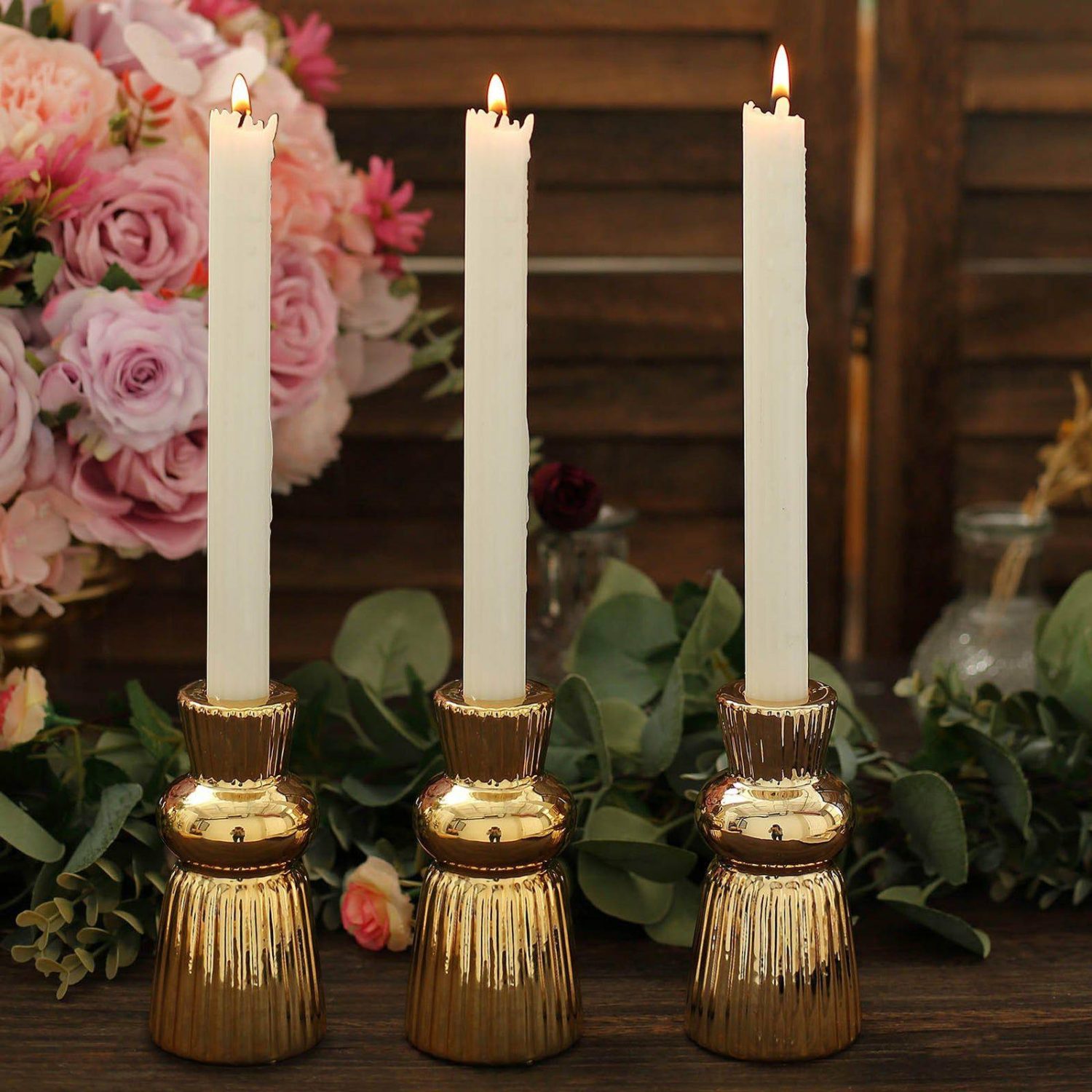 Glass Candle Holders | 3 Pack Metallic Gold Fluted Ball Neck Ceramic Taper Candle Holders, Ribbed Candlestick Stands 5″ Candelabra Glass Candle Holders