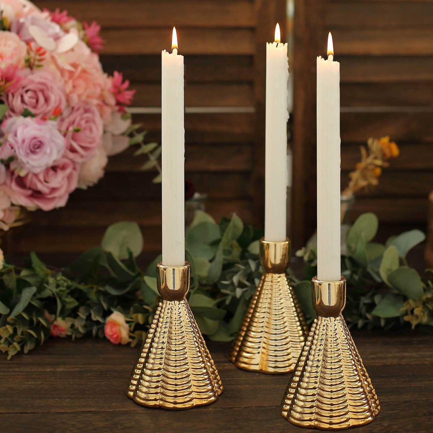 Glass Candle Holders | 3 Pack Metallic Gold Ribbed Ceramic Taper Candle Holders, Cone Shaped Candlestick Stands 5″ Candelabra Glass Candle Holders