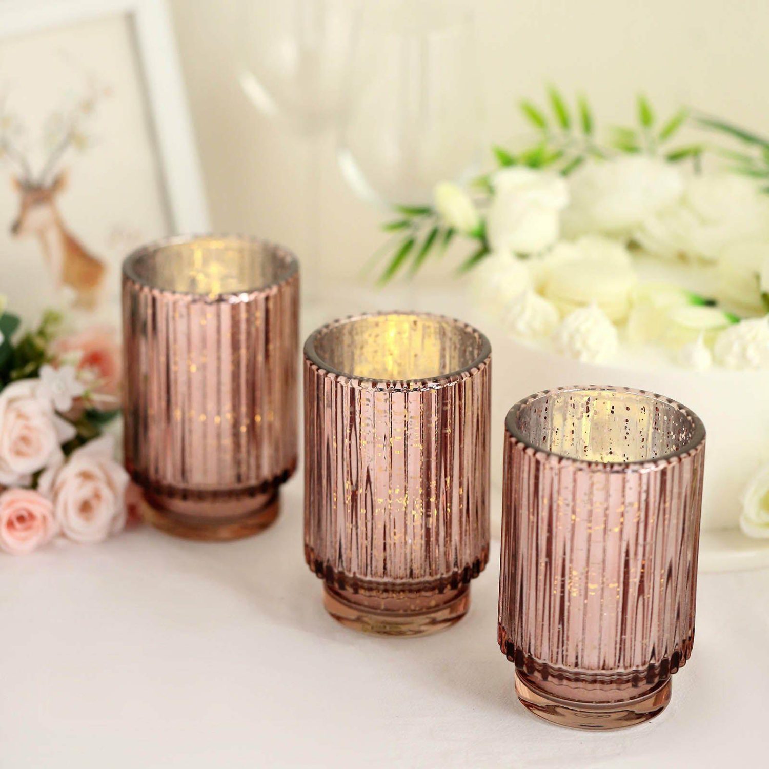 Glass Candle Holders | 3 Pack Rose Gold Mercury Glass Votive Hurricane Candle Holder, Pillar Vase – Wavy Column Design 5″ Candelabra Glass Candle Holders