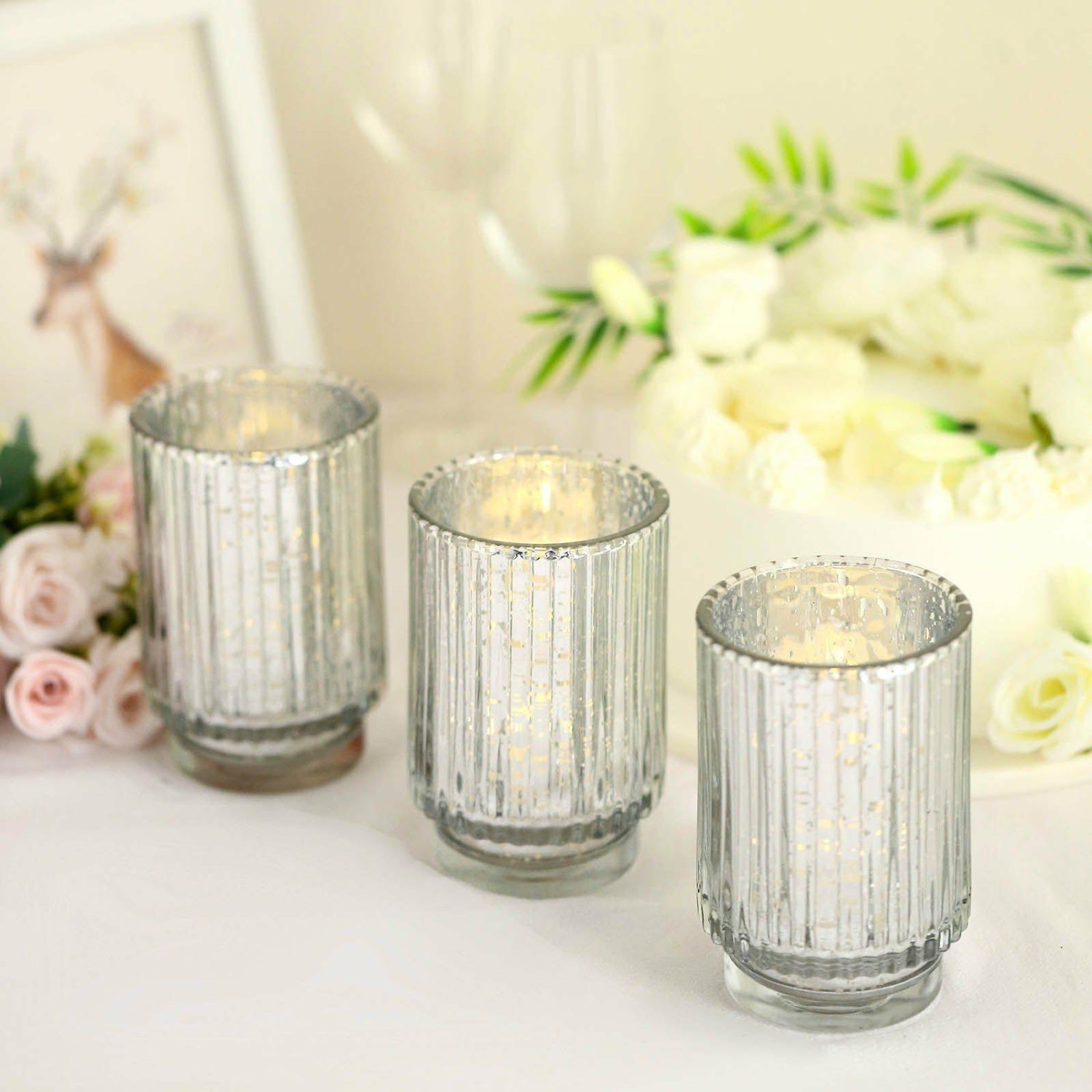 Glass Candle Holders | 3 Pack Silver Mercury Glass Votive Hurricane Candle Holder, Pillar Vase – Wavy Column Design 5″ Candelabra Glass Candle Holders