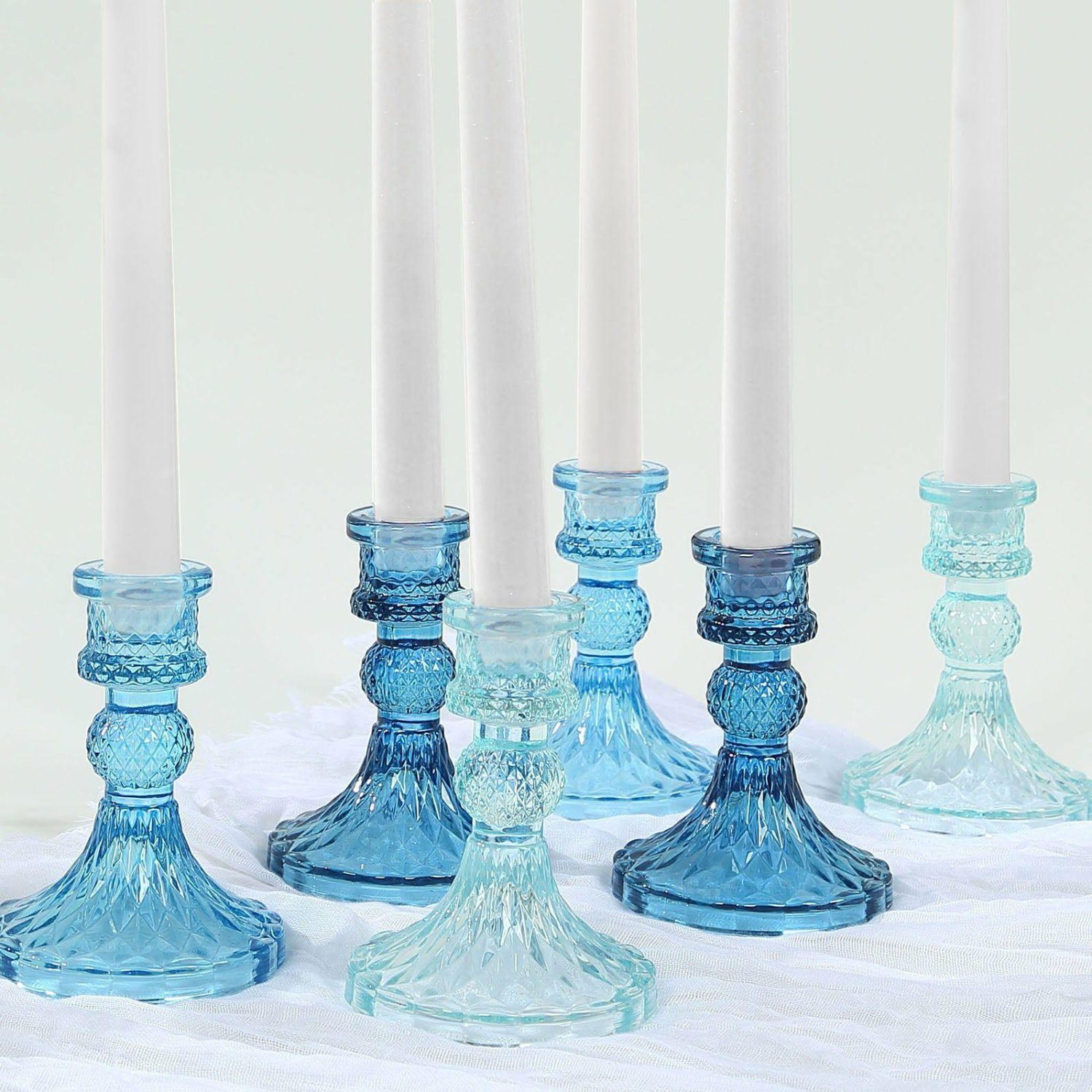 Glass Candle Holders | 6 Pack Assorted Blue Glass Taper Candlestick Holders with Diamond Pattern, Reversible Crystal Pillar Votive Candle Stands – 4″ Candelabra Assorted Blue