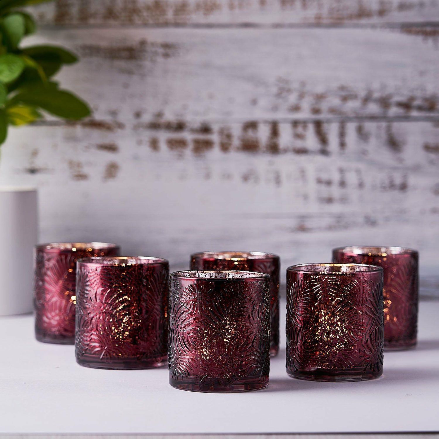 Glass Candle Holders | 6 Pack Burgundy Mercury Glass Palm Leaf Candle Holders, Votive Tealight Holders Candelabra Burgundy