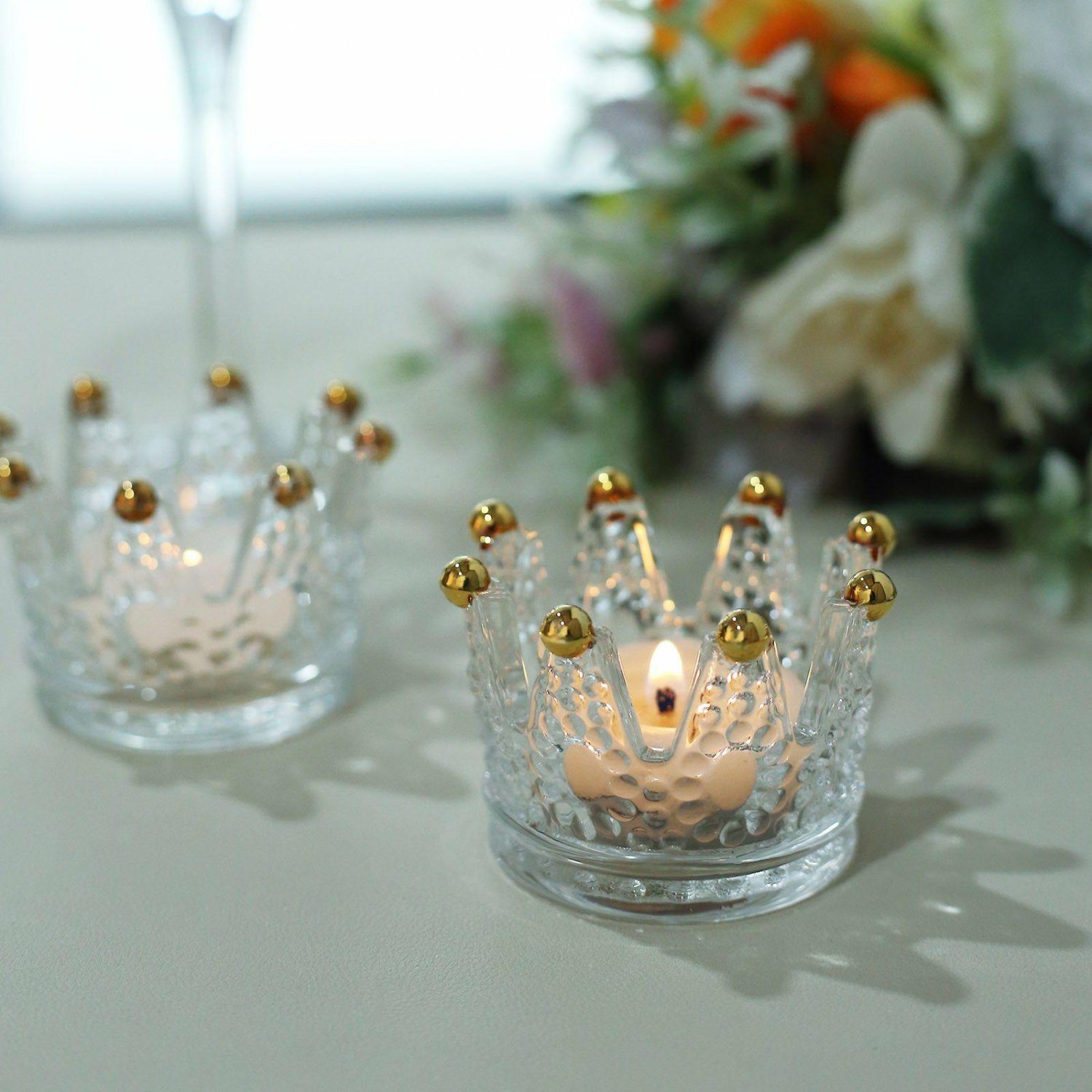 Glass Candle Holders | 6 Pack Clear Crystal Glass Crown Tea Light Votive Candle Holders With Gold Beaded Tips 3″x2″ Candelabra Crown