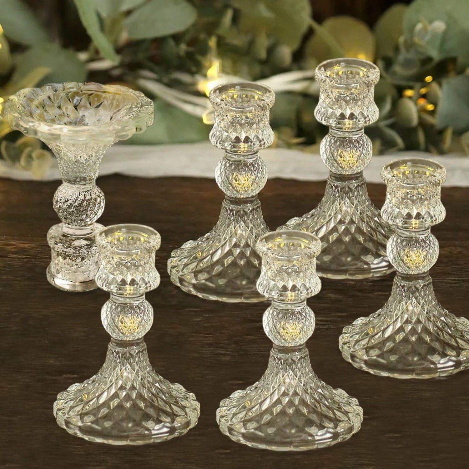 Glass Candle Holders | 6 Pack Clear Glass Diamond Pattern Taper Candlestick Holders, Reversible Crystal Pillar Votive Candle Stands 4″ Candelabra Clear