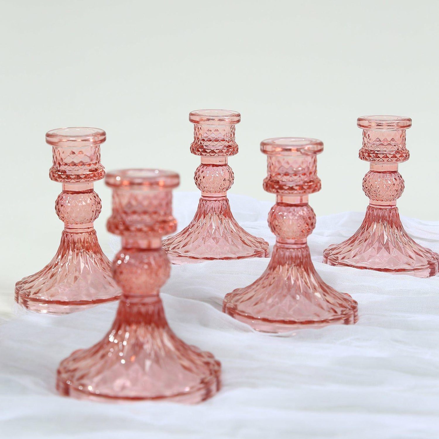 Glass Candle Holders | 6 Pack Dusty Rose Glass Taper Candlestick Holders with Diamond Pattern, Reversible Crystal Pillar Votive Candle Stands – 4″ Candelabra Dusty rose