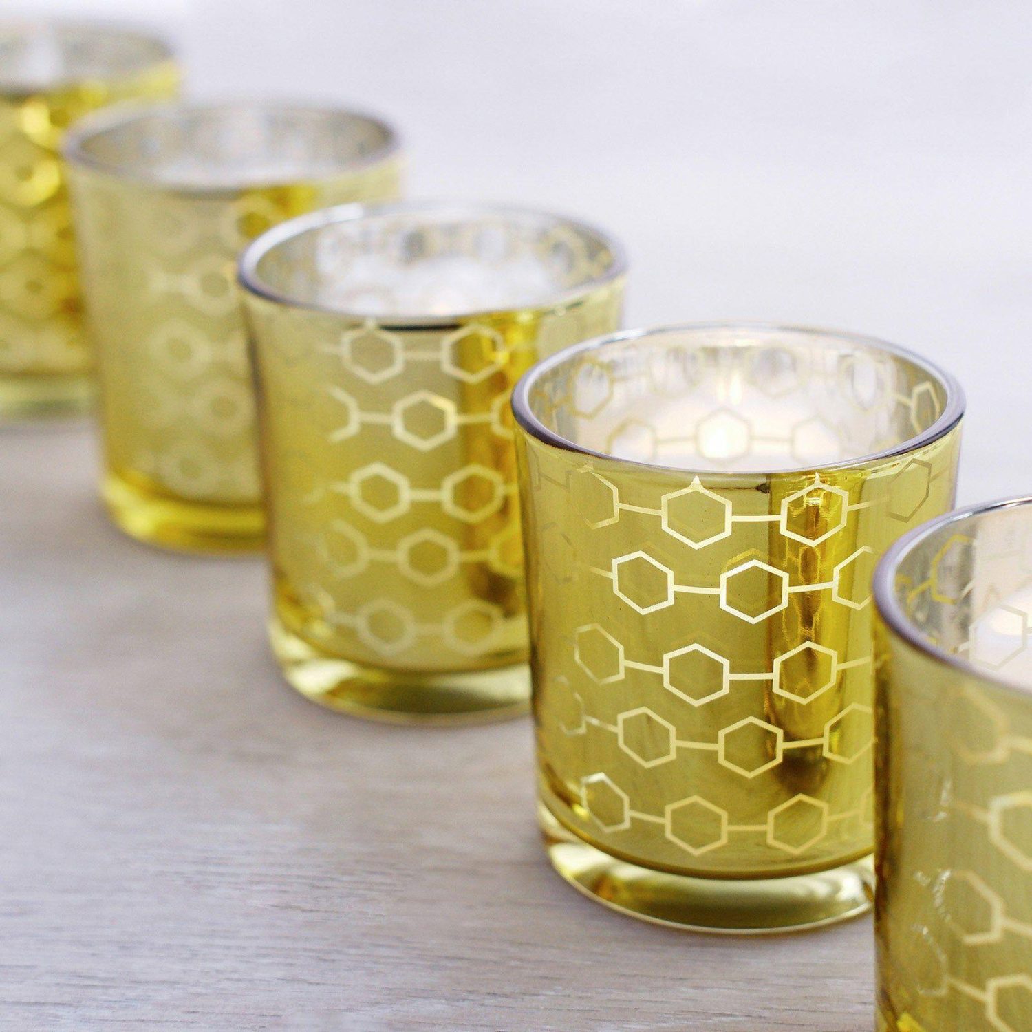 Glass Candle Holders | 6 Pack Gold Mercury Glass Candle Holders, Votive Candle Containers – Honeycomb Design 3″ Candelabra Glass Candle Holders