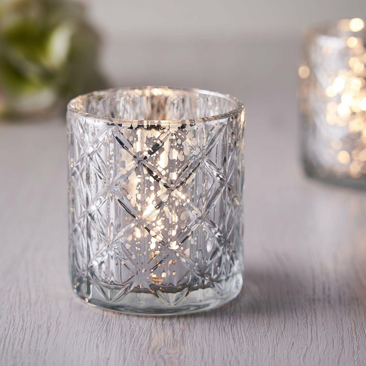 Glass Candle Holders | 6 Pack Shiny Silver Mercury Glass Candle Holders, Votive Tealight Holders – Geometric Design 3″ Candelabra Glass Candle Holders