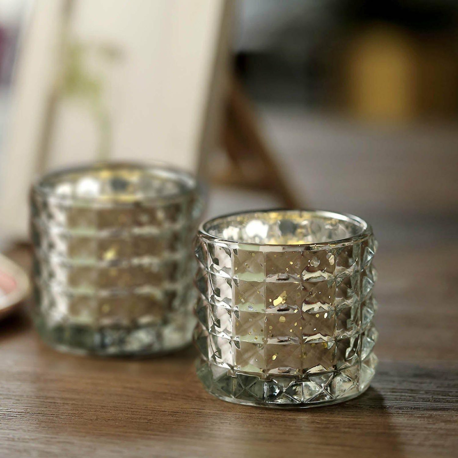 Glass Candle Holders | 6 Pack Studded Silver Mercury Glass Candle Holders, Votive Tealight Holders 3″ Candelabra Glass Candle Holders