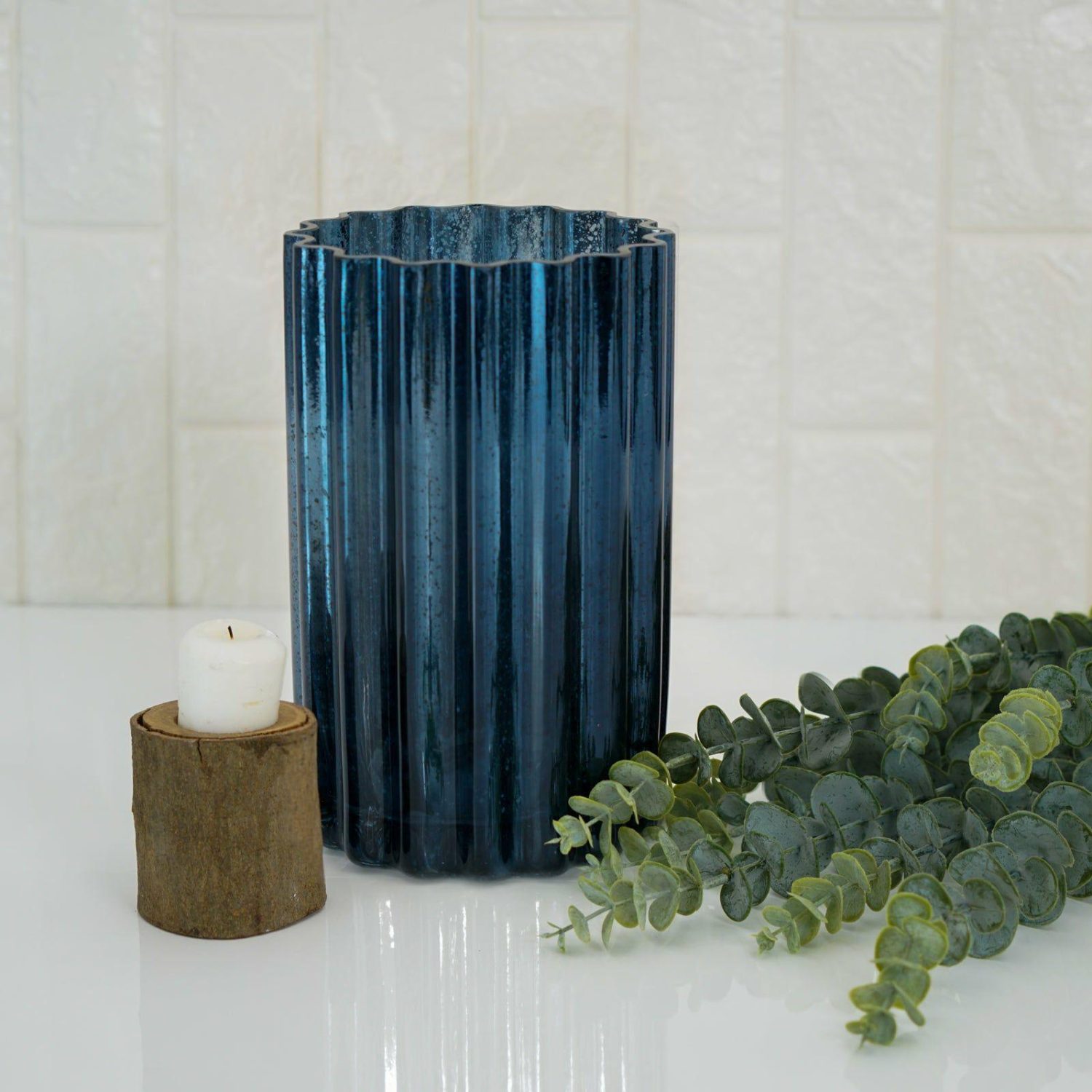 Glass Candle Holders | Navy Blue Mercury Glass Hurricane Candle Holder, Cylinder Pillar Vase – Wavy Column Design 9″ Candelabra Glass Candle Holders