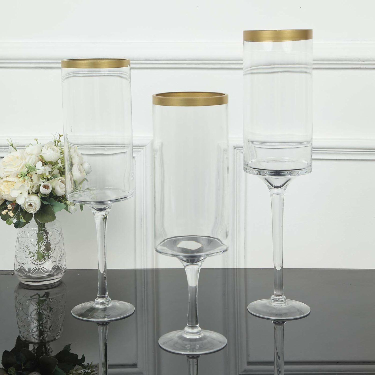 Glass Candle Holders | Set Of 3 Clear Gold Rimmed Long Stem Glass Hurricane Candle Holders, Cylindrical Pedestal Flower Vases 16″, 18″, 20″ Candelabra Glass Candle Holders