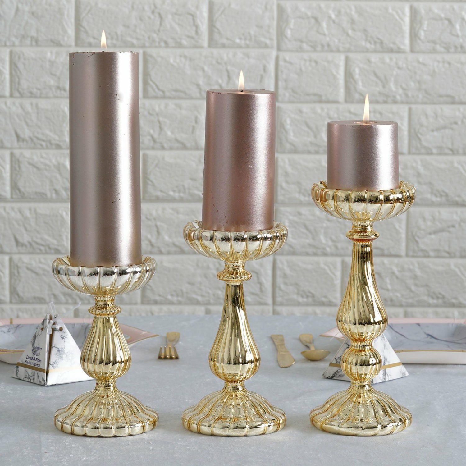 Glass Candle Holders | Set of 3 Mercury Gold Glass Pillar Candle Holder Stands, Votive Candle Centerpieces 7″, 8″, 10″ Candelabra Glass Candle Holders