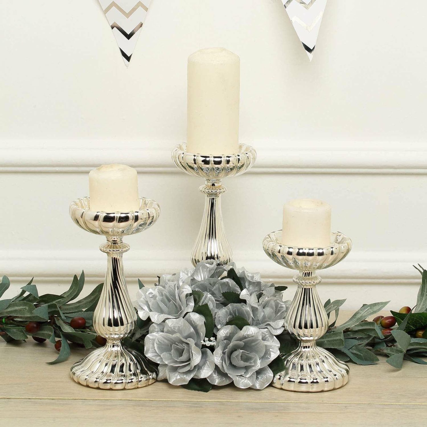 Glass Candle Holders | Set of 3 Mercury Silver Glass Pillar Candle Holder Stands, Votive Candle Centerpieces 7″, 8″, 10″ Candelabra Glass Candle Holders