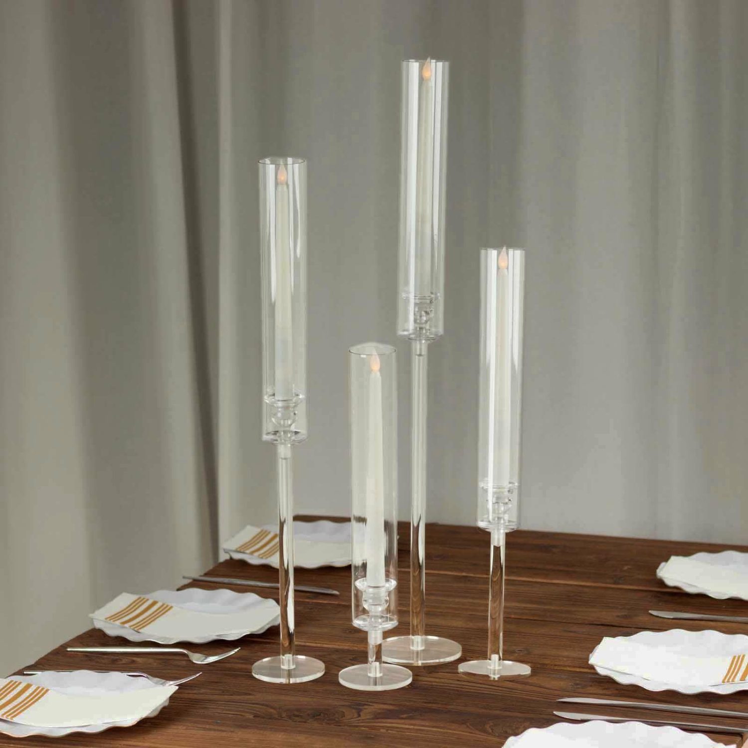 Glass Candle Holders | Set of 4 Clear Acrylic Taper Candlestick Holders, Hurricane Candle Stands With Tall Chimney Tube Candle Shades – 14″,18″,22″,26″ Candelabra Glass Candle Holders