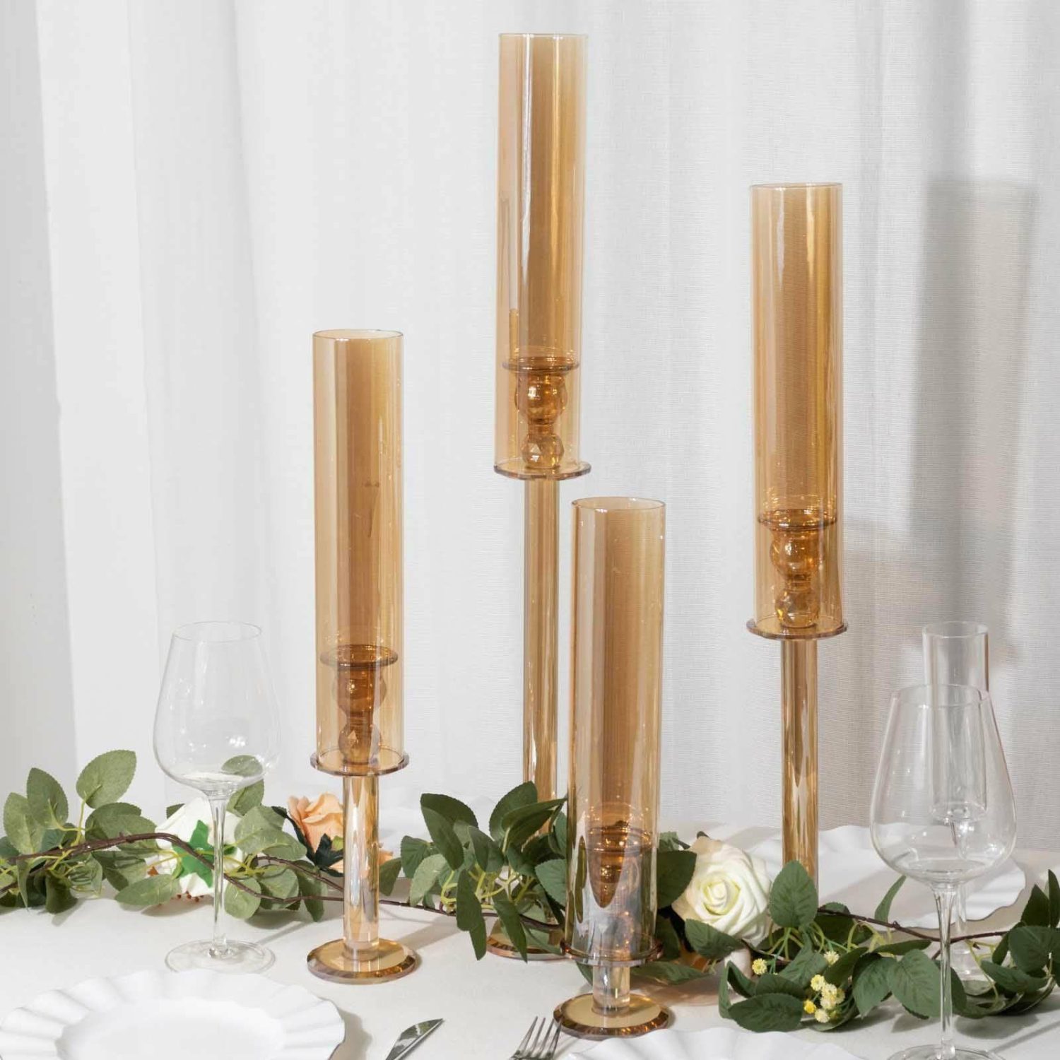 Glass Candle Holders | Set of 4 Gold Crystal Glass Hurricane Taper Candle Holders With Tall Cylinder Chimney Tubes – 14″, 18″, 22″, 26″ Candelabra Glass Candle Holders