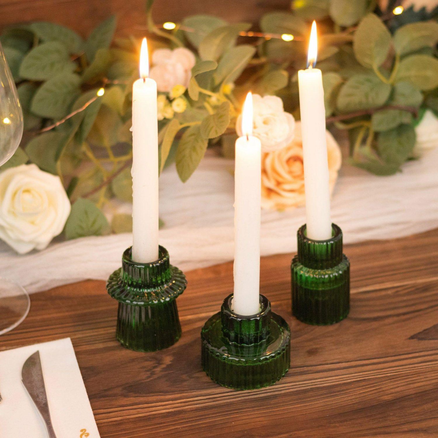 Glass Candle Holders | Set of 6 Hunter Emerald Green Ribbed Crystal Glass Taper Candle Holders, Reversible Mini Votive Tealight Candle Stands 3″ Candelabra Glass Candle Holders