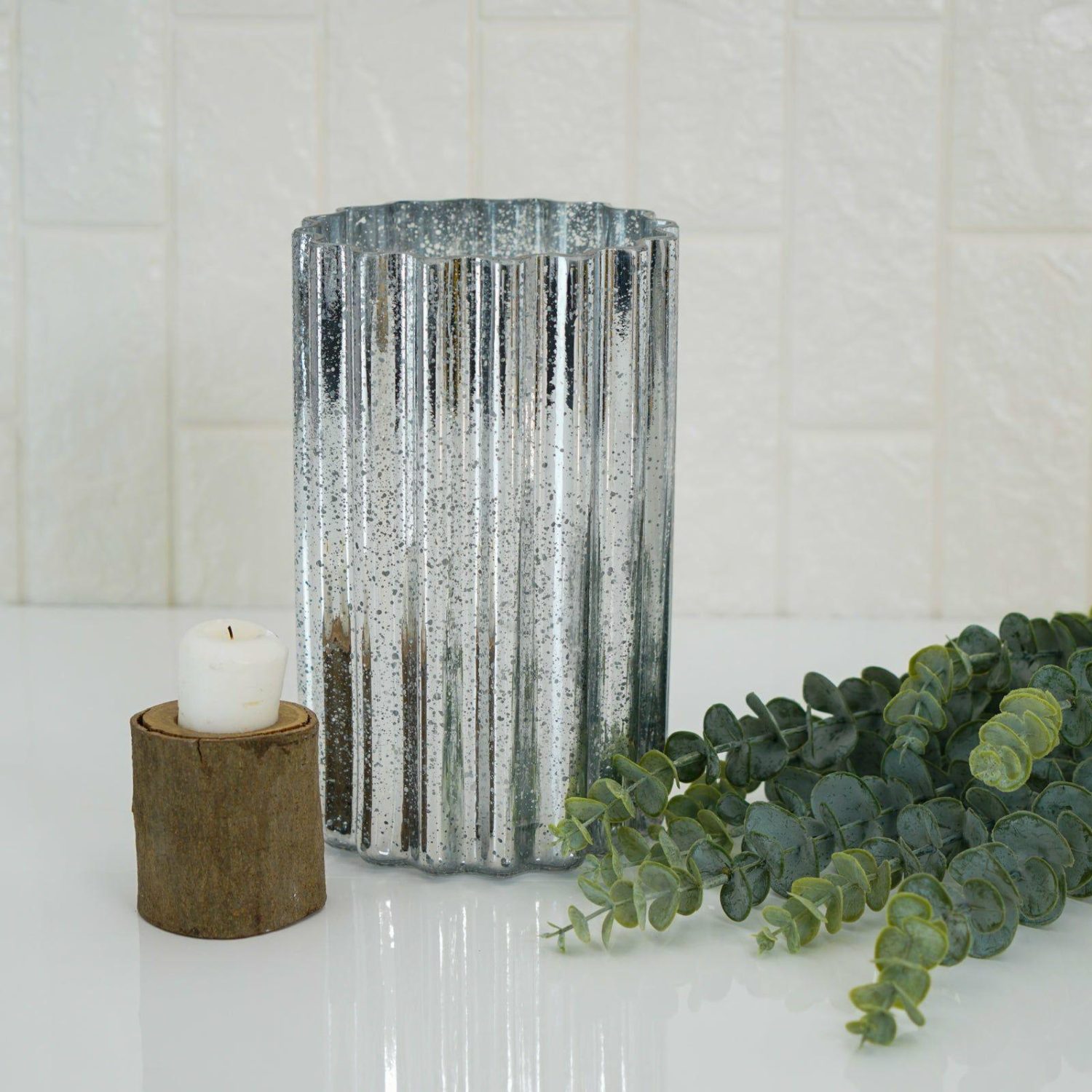 Glass Candle Holders | Silver Mercury Glass Hurricane Candle Holder, Cylinder Pillar Vase – Wavy Column Design 9″ Candelabra Glass Candle Holders