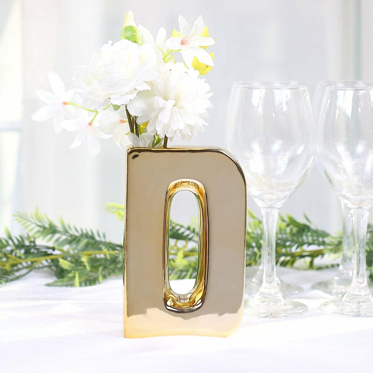 Glass Vases | Shiny Gold Plated Ceramic Letter “D” Sculpture Flower Vase, Bud Planter Pot Table Centerpiece 6″ Floral Vase D