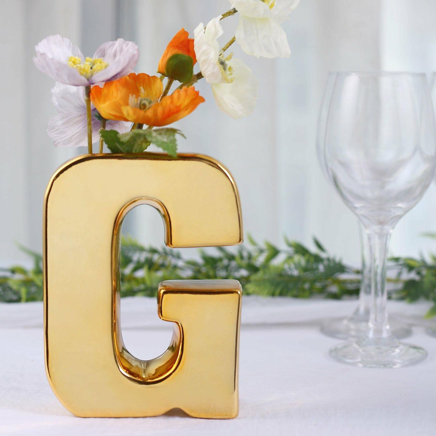 Glass Vases | Shiny Gold Plated Ceramic Letter “G” Sculpture Flower Vase, Bud Planter Pot Table Centerpiece 6″ Floral Vase G